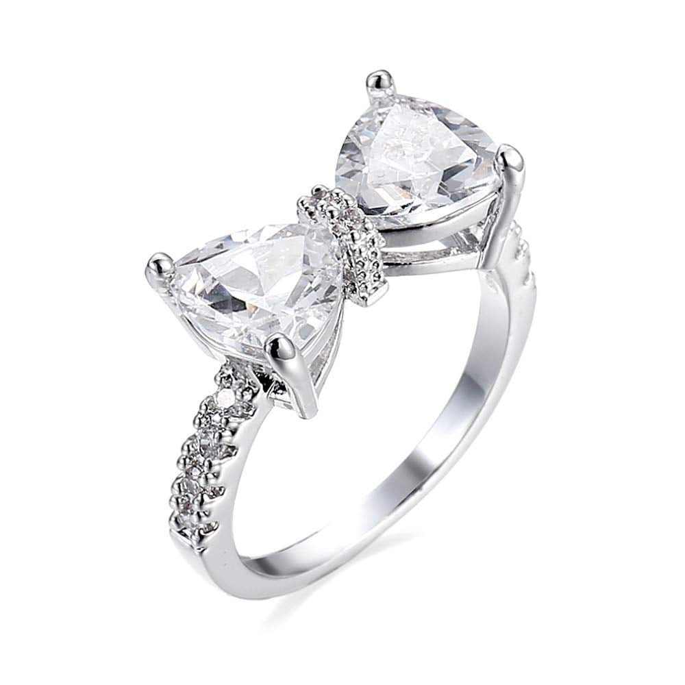 Fashion Bow Tie Ring Heart Cubic Zirconia Bowknot Anniversary Wedding Engagement Ring White Gold Plated CZ Eternity Rings for Women