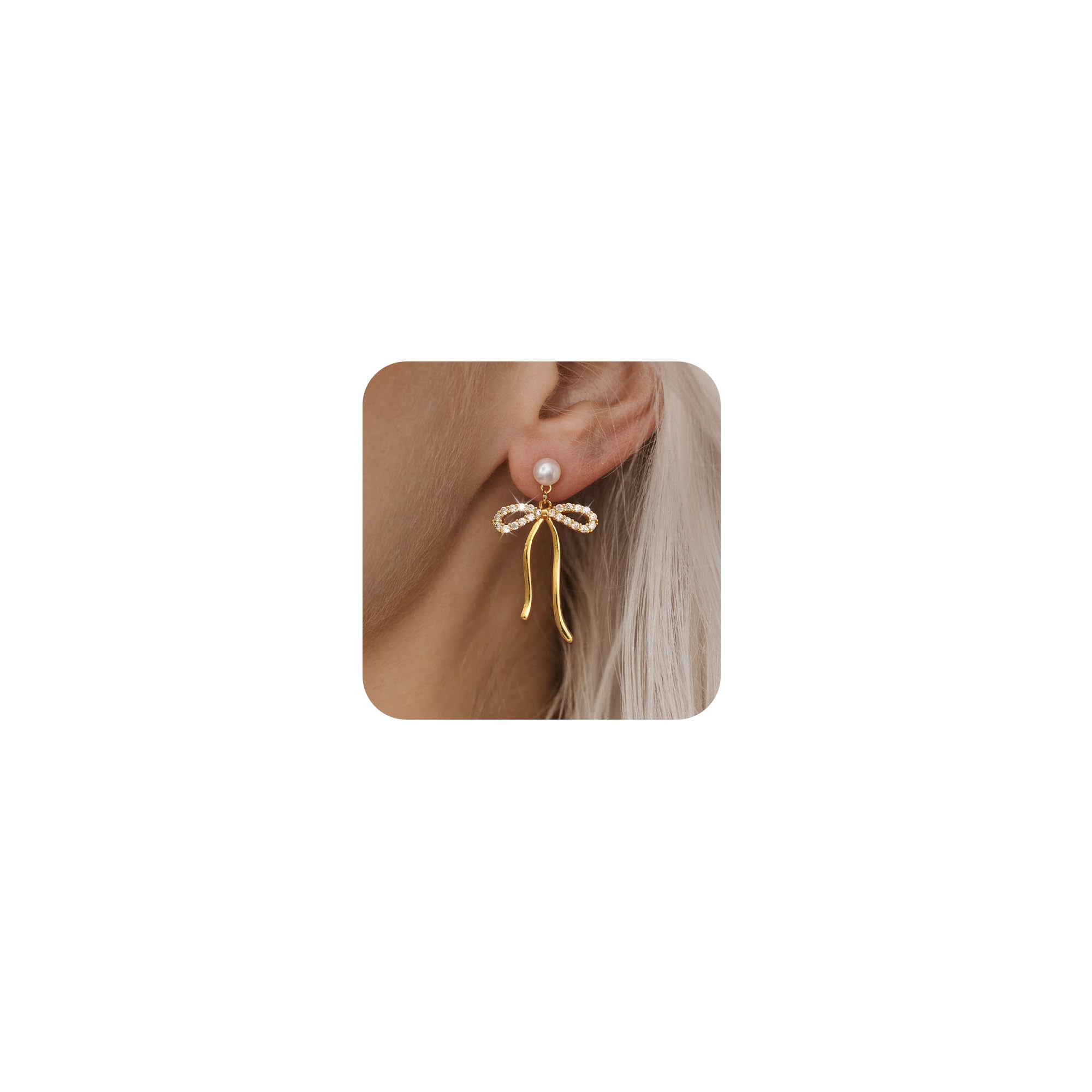 Risamil 14K Gold Plated/Silver Earrings for Women Trendy, Dainty Bow Earrings for Women Cute Pearl Huggie Earring Hoops Twist Rope Bow Stud Pearl Dangle Cubic Zirconia Earrings Jewelry Gifts