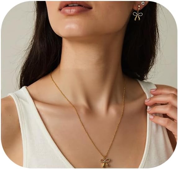 Bow Necklace Earrings for Women 14K Gold Plated Bowknot Choker Dainty Bow Earring Wedding Prom Fashion Jewelry Set Gifts (style - Zirconia bow)