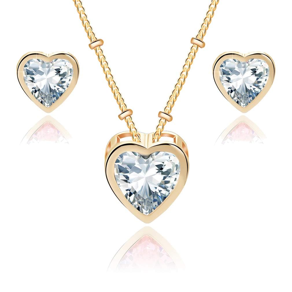 EVEVIC Austrian Crystal Heart Pendant Necklace Earrings for Women 14K Gold Plated Hypoallergenic Jewelry Set