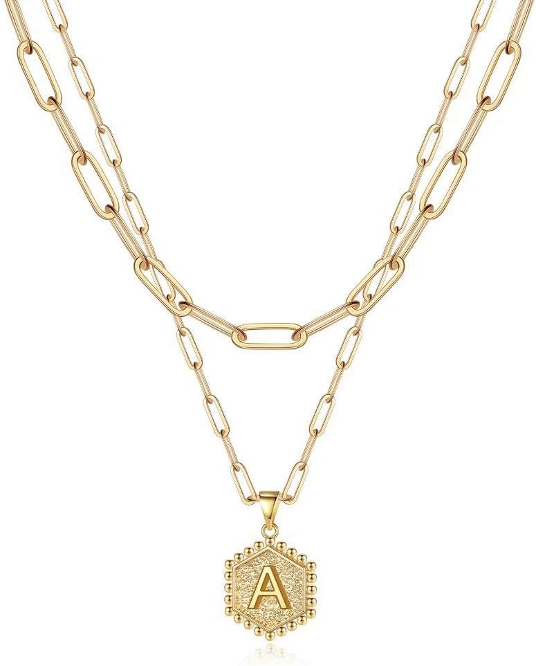 M MOOHAM Dainty Initial Necklaces for Women, 14K-Gold-Plated Layering Necklace for Women Cute Hexagon Letter Initial Necklace Layered Necklaces for Womens Teen Girl Gifts