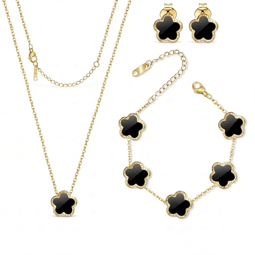 SHINYY Five Leaf Clover Jewelry Set for Women | 18K Gold Plated Bracelet Necklace Earrings | 5 Leaf Lucky Pendant and Ear Studs for Her