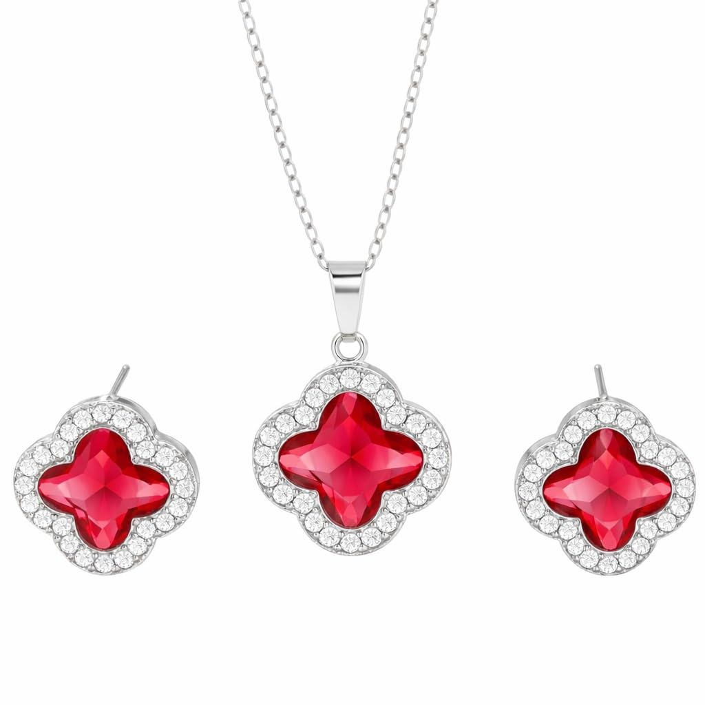 Four Leaf Clover Necklace and Earrings Set for Women, Clover Jewelry Set with Pendant Necklace and Stud Earrings, Brilliant Cubic Zirconia, Polished Metal Setting, Hypoallergenic, & Lightweight