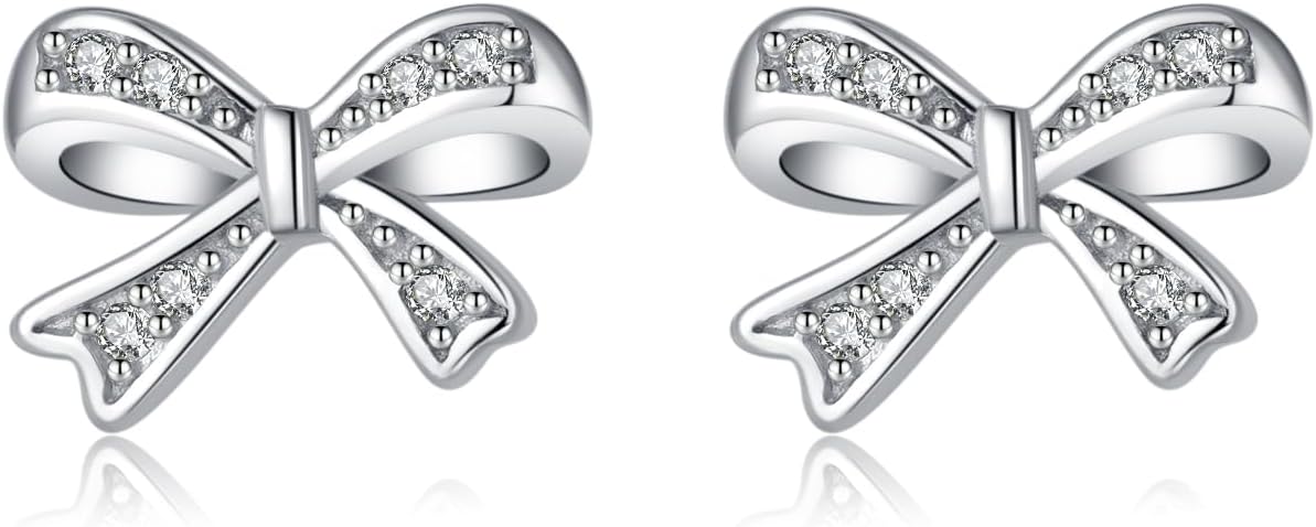 SLUYNZ Solid 925 Sterling Silver Tiny Bow Earrings Stud for Women Teens CZ Bowknot Stud Earrings