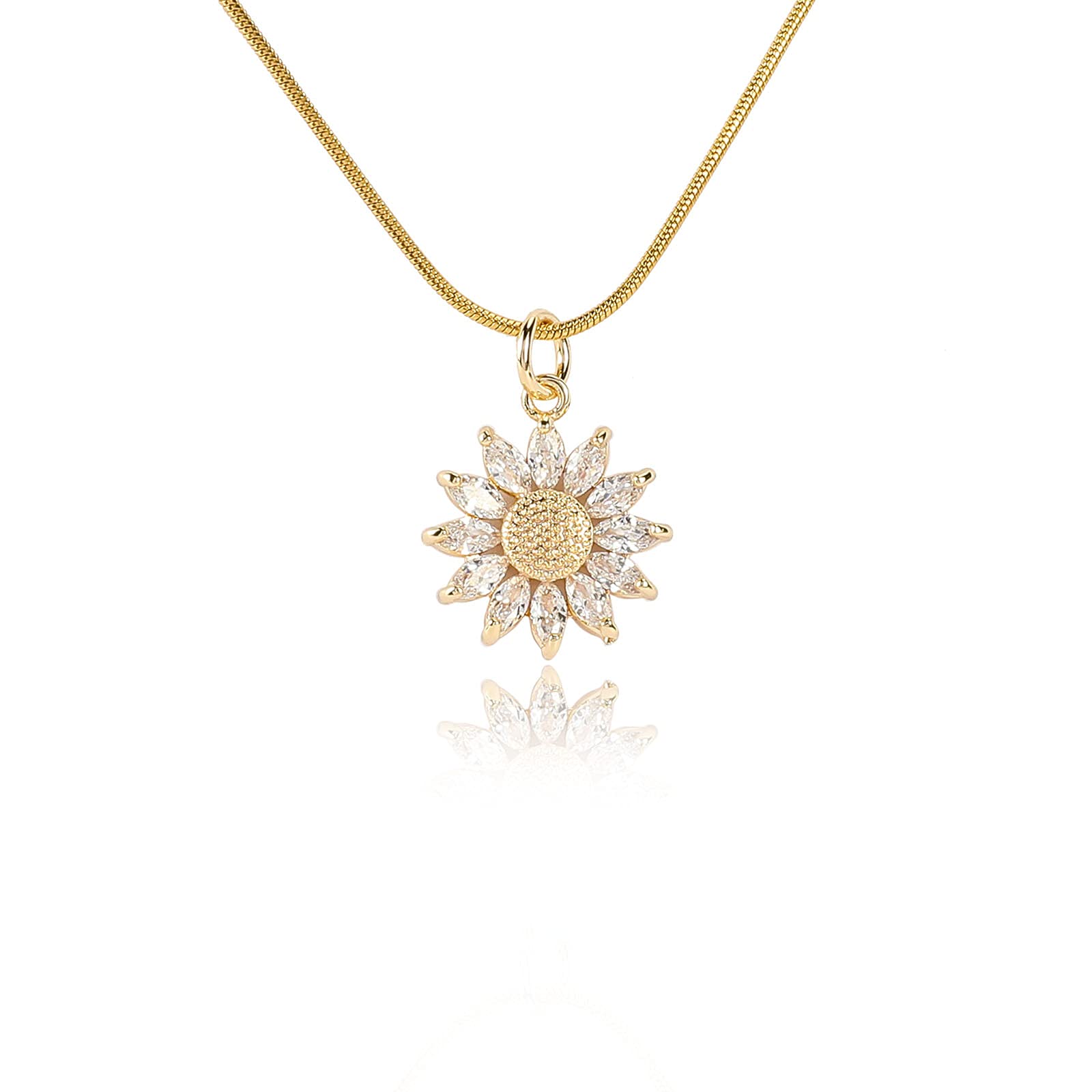 14K Gold Plated Sunflower Necklace for Women Teen Girls Friendship Sunflower Gifts for Mom, Girlfriend, Sunshine Flowers Necklace Shiny Cubic Zirconia Petals Chain Length 16"+4" Extender