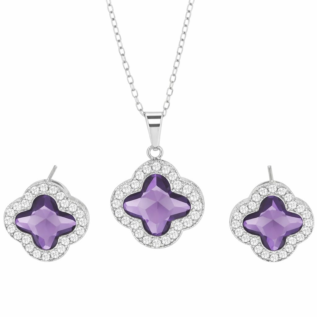 Four Leaf Clover Necklace and Earrings Set for Women, Clover Jewelry Set with Pendant Necklace and Stud Earrings, Brilliant Cubic Zirconia, Polished Metal Setting, Hypoallergenic, & Lightweight