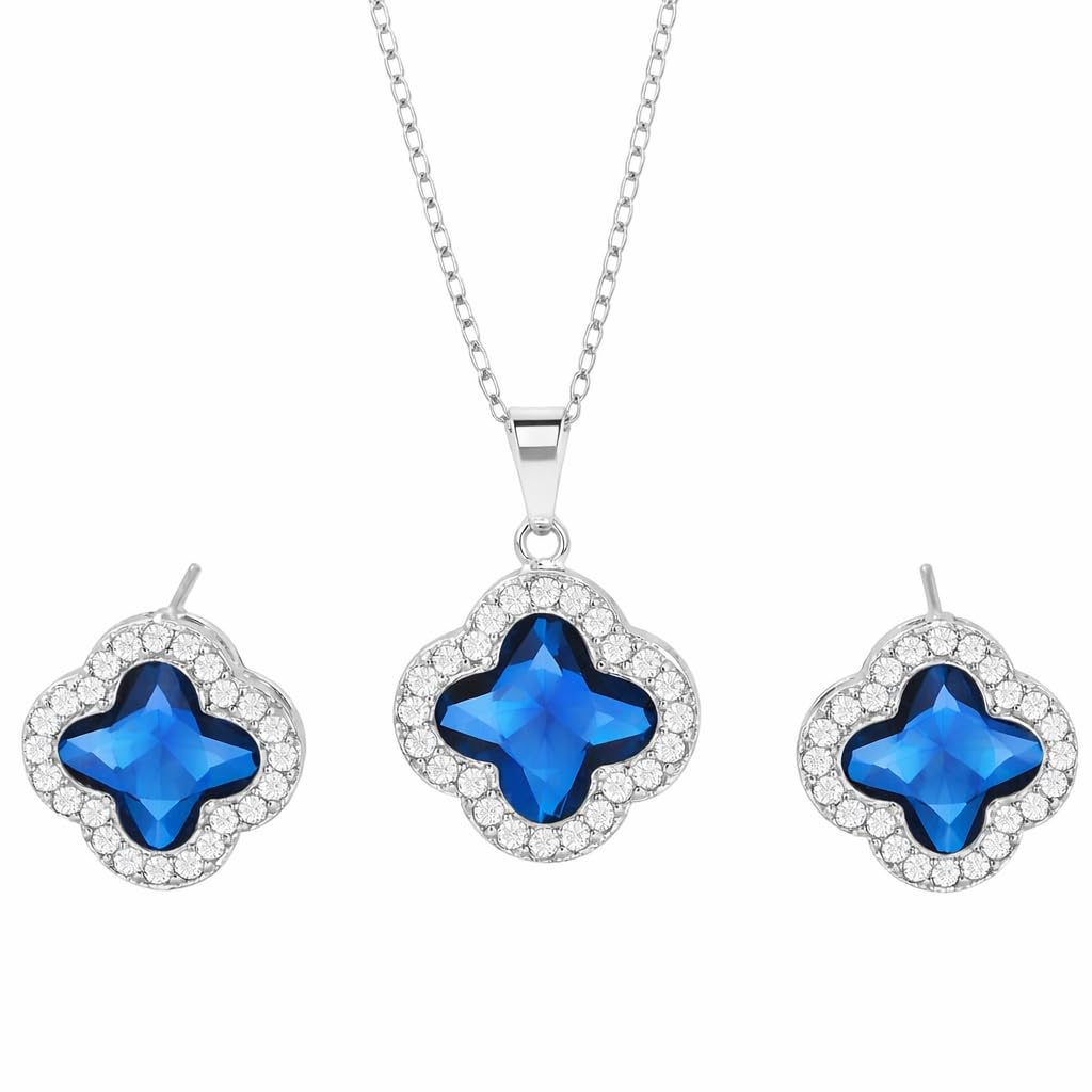 Four Leaf Clover Necklace and Earrings Set for Women, Clover Jewelry Set with Pendant Necklace and Stud Earrings, Brilliant Cubic Zirconia, Polished Metal Setting, Hypoallergenic, & Lightweight