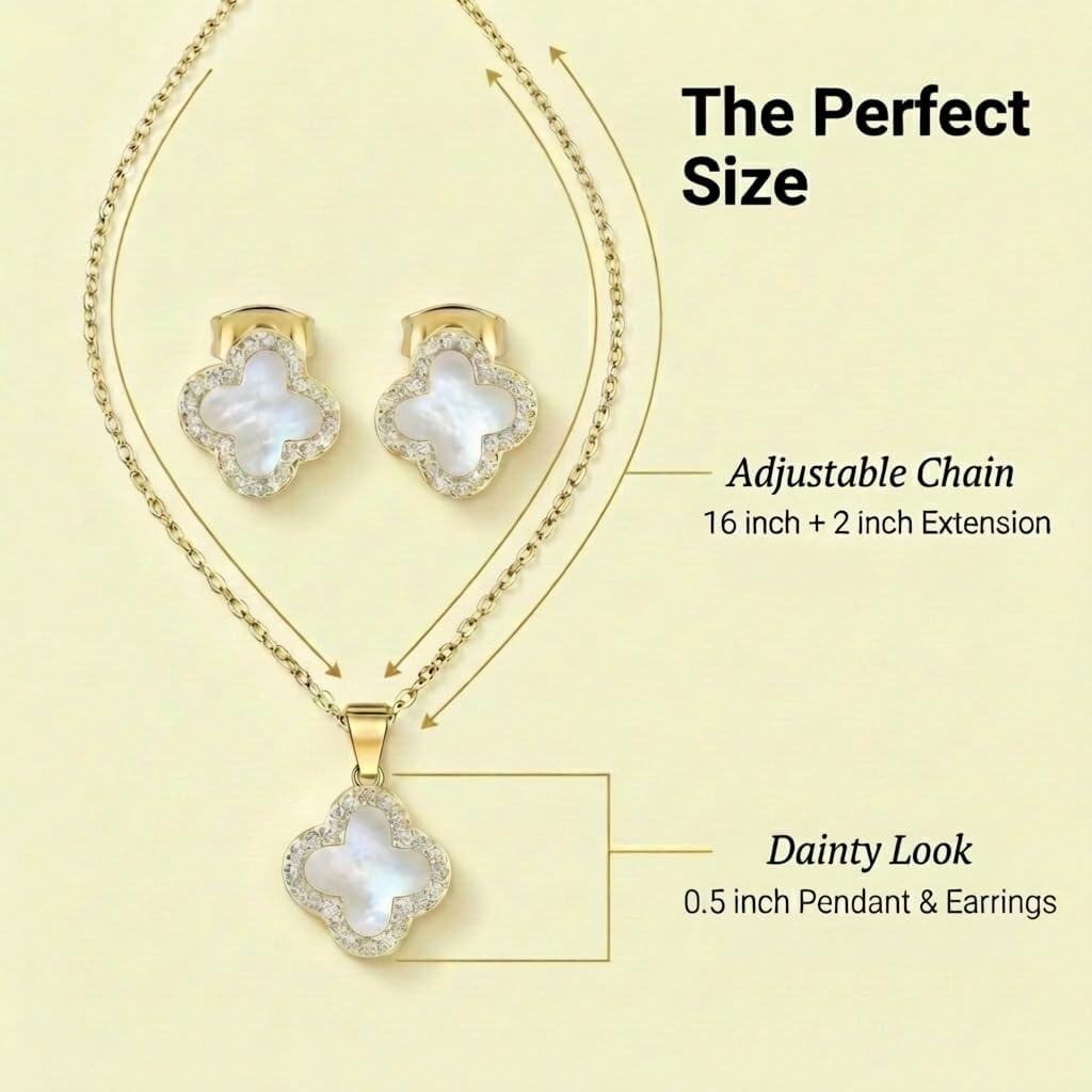 SHINYY Four Leaf Crystal Clover Necklace Earring Set for Women | 18K Gold Plated Cubic Zirconia Bracelet | 4 Leaf Lucky Pendant and Ear Studs | Jewelry Gift for Her