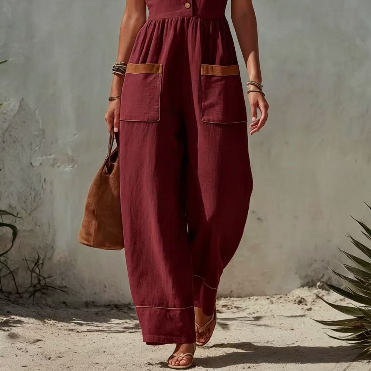 Women's Sleeveless Wide-Leg Jumpsuit – Loose Fit, V-Neck, Cotton Linen
