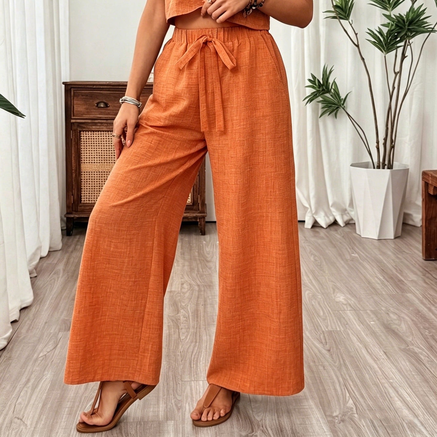 Women's Halter Neck Cropped Top & Wide-Leg Pants Two-Piece Set
