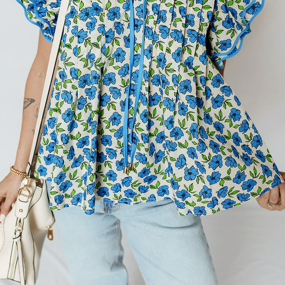 Flower Tiered Flutter Sleeve Pleated Blouse