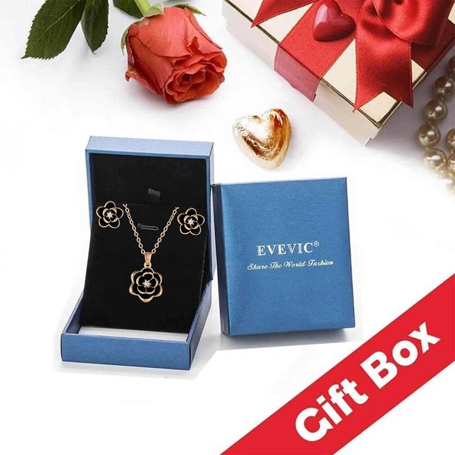 EVEVIC Dainty Flower Pendant Necklace Earrings for Women 14K Gold Plated Hypoallergenic Jewelry Sets
