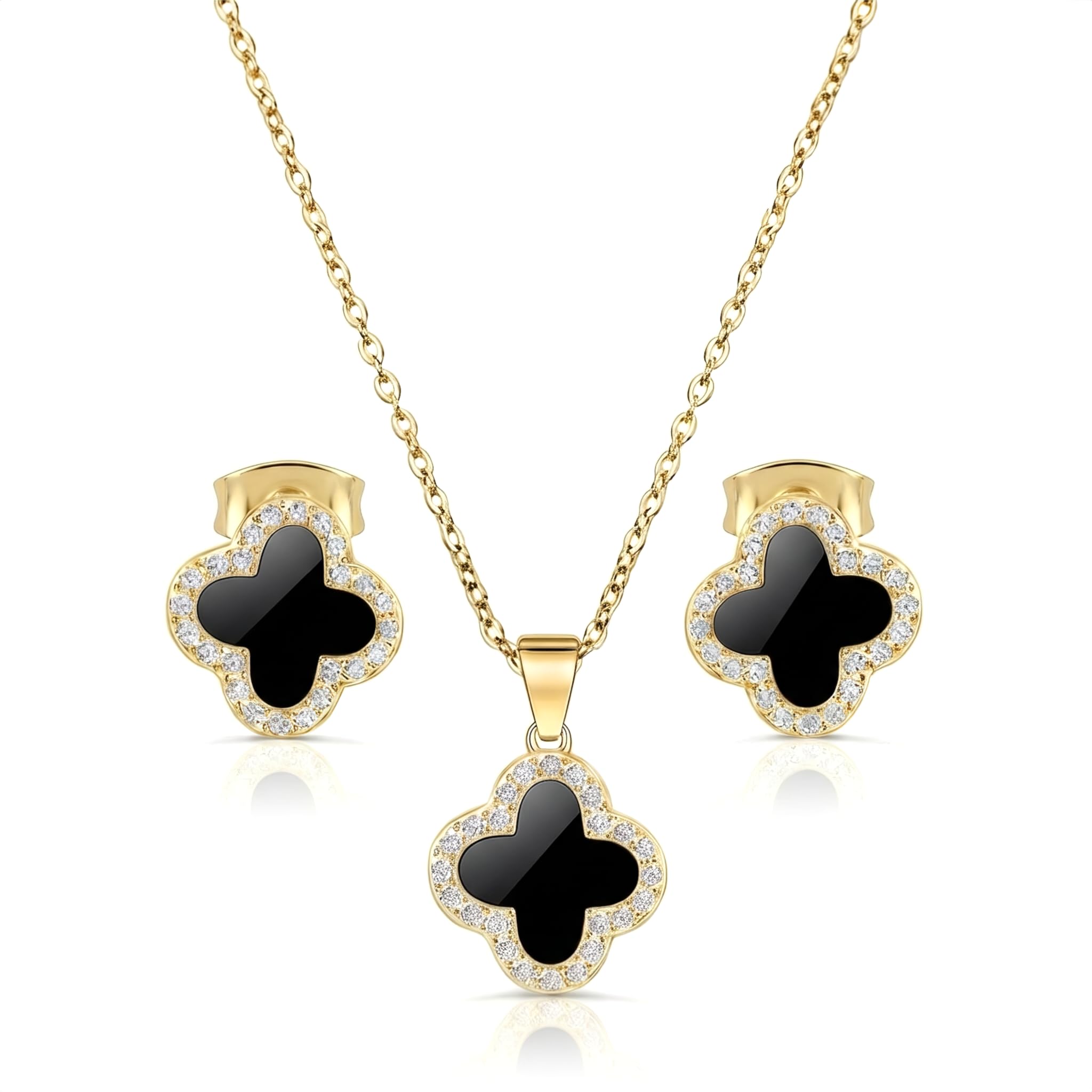 SHINYY Four Leaf Crystal Clover Necklace Earring Set for Women | 18K Gold Plated Cubic Zirconia Bracelet | 4 Leaf Lucky Pendant and Ear Studs | Jewelry Gift for Her