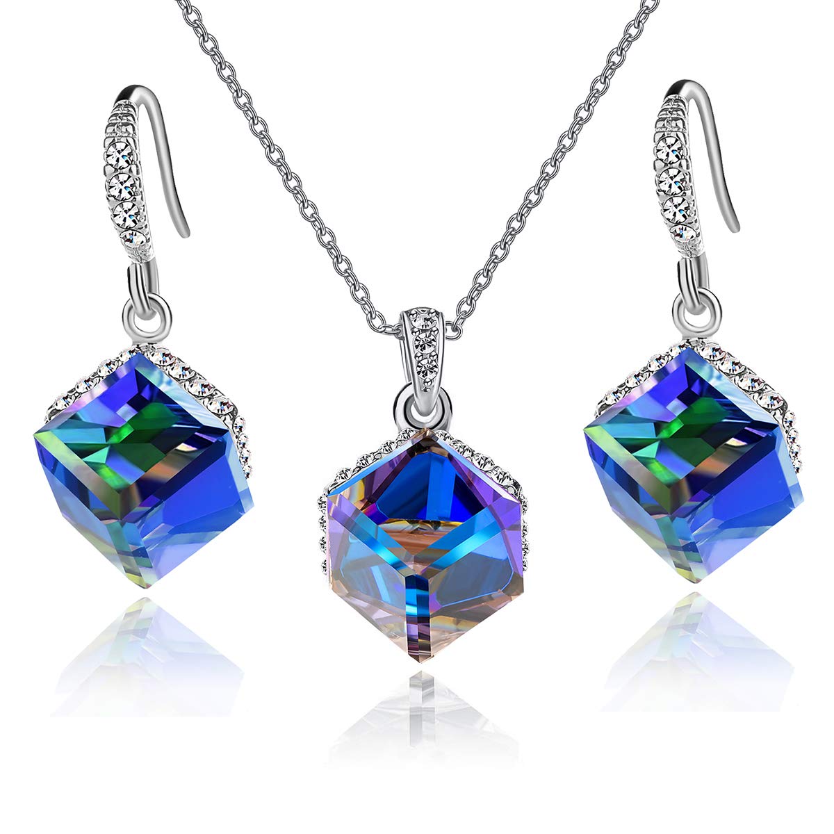 EVEVIC Colorful Cubic Austrian Crystal Pendant Necklace Earrings for Women 14K Gold Plated Hypoallergenic Jewelry Set