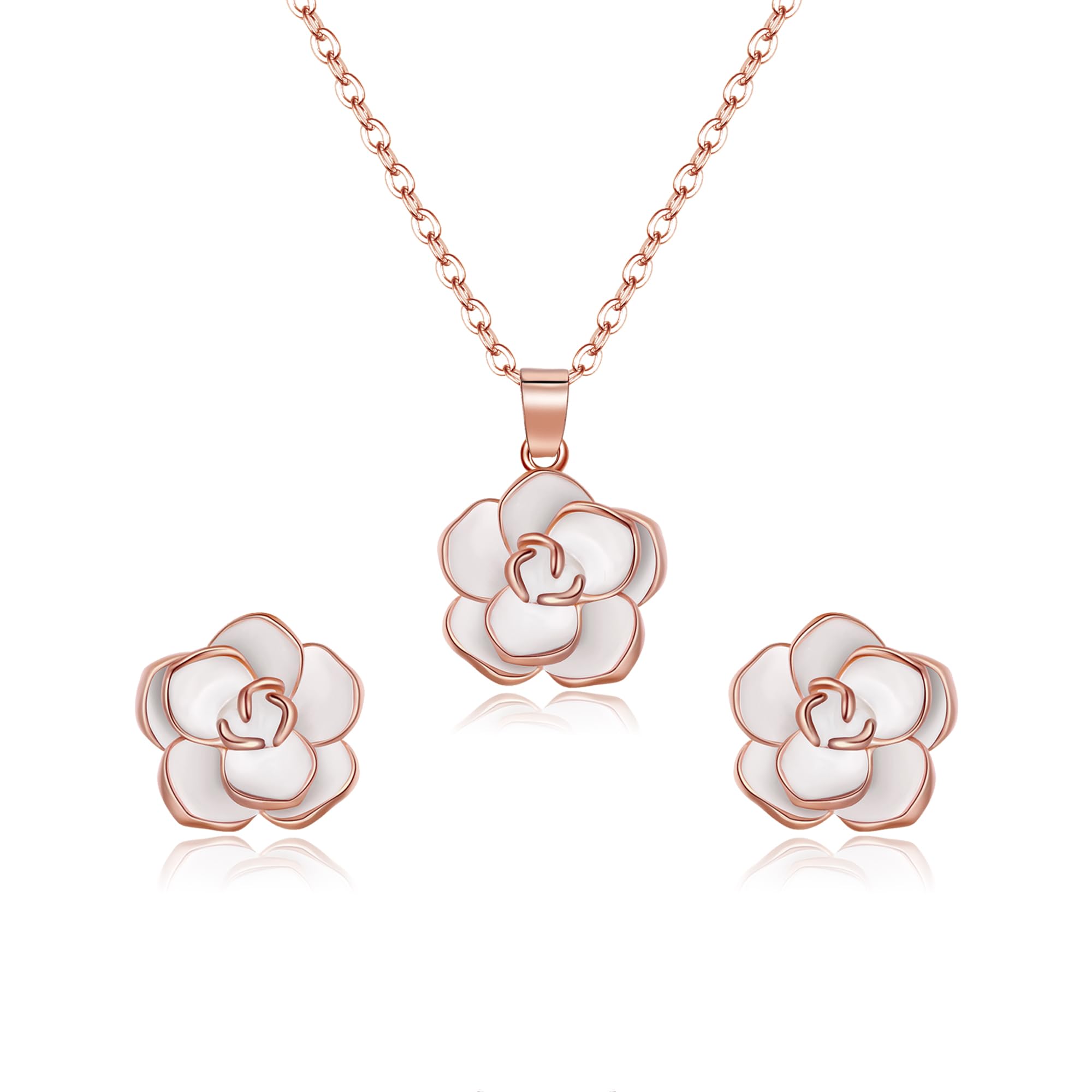 EleQueen Rose Flower Necklace Earrings Bracelet Set 14K Gold Plated Hypoallergenic Jewelry Sets Gift for Women
