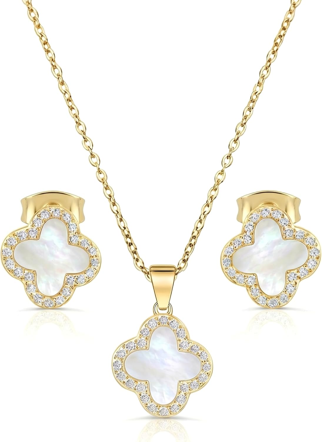 SHINYY Four Leaf Crystal Clover Necklace Earring Set for Women | 18K Gold Plated Cubic Zirconia Bracelet | 4 Leaf Lucky Pendant and Ear Studs | Jewelry Gift for Her