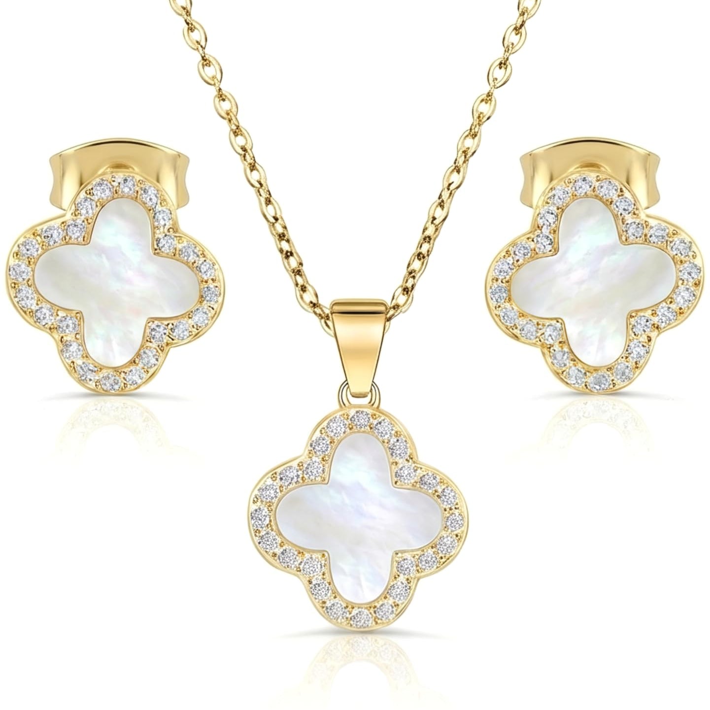 SHINYY Four Leaf Crystal Clover Necklace Earring Set for Women | 18K Gold Plated Cubic Zirconia Bracelet | 4 Leaf Lucky Pendant and Ear Studs | Jewelry Gift for Her