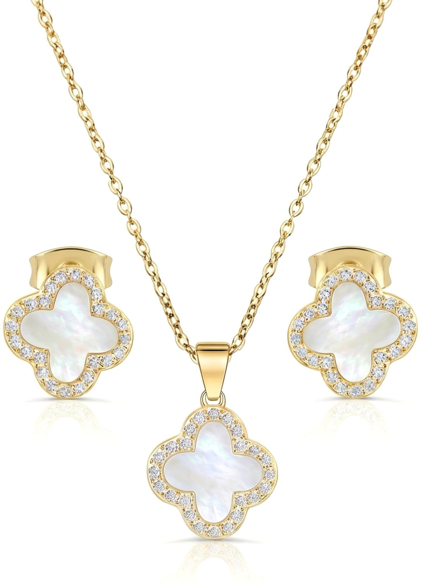 SHINYY Four Leaf Crystal Clover Necklace Earring Set for Women | 18K Gold Plated Cubic Zirconia Bracelet | 4 Leaf Lucky Pendant and Ear Studs | Jewelry Gift for Her