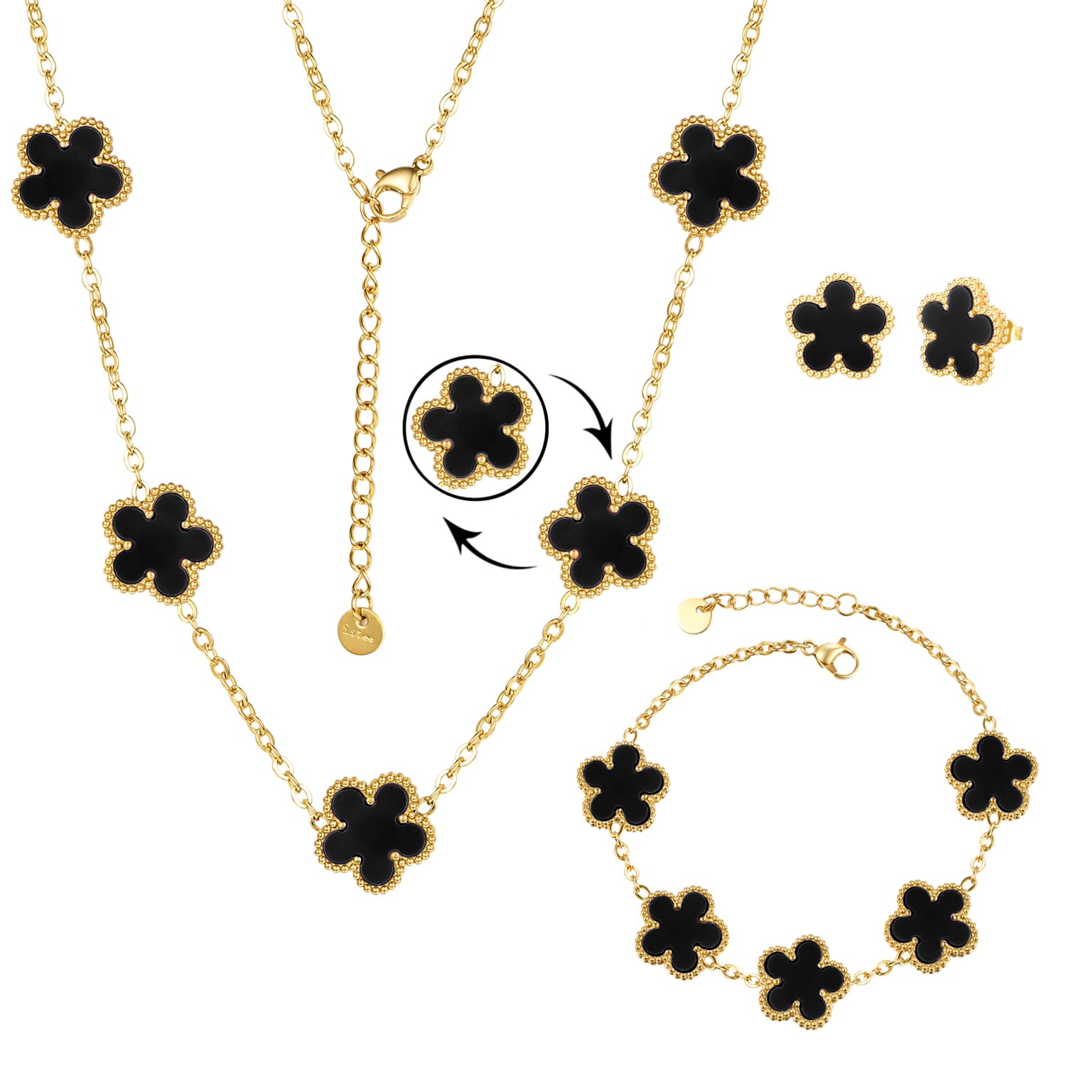 Clover Neckalce Bracelet Earring Set for Women 14K Gold Plated Stainless Steel Four Leaf Clover Jewelry Set