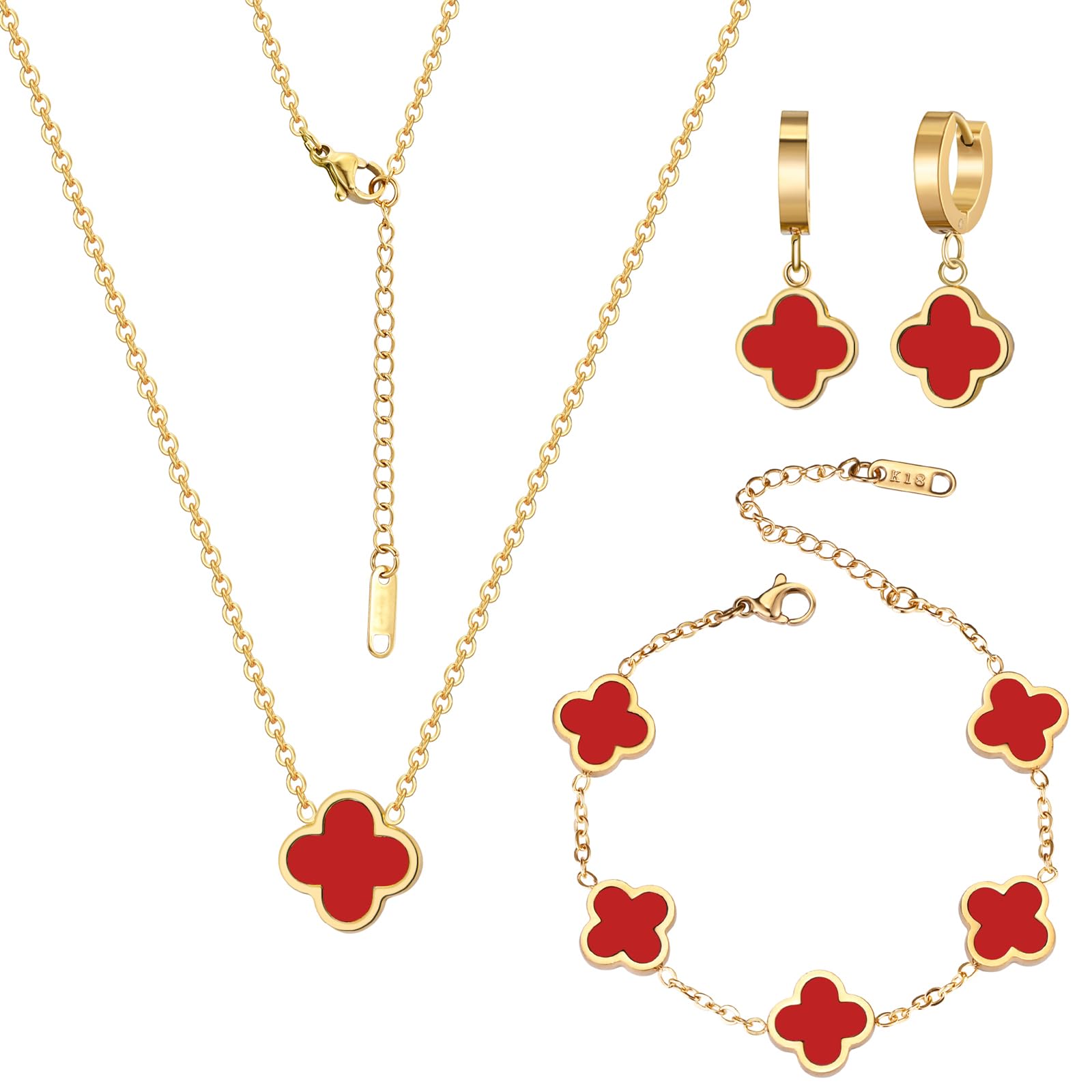 18K Gold Plated Lucky Clover Jewelry Set Black White and Red Four Leaf Clove Bracelet Necklace and Earrings Fashion Birthday Gifts for Women