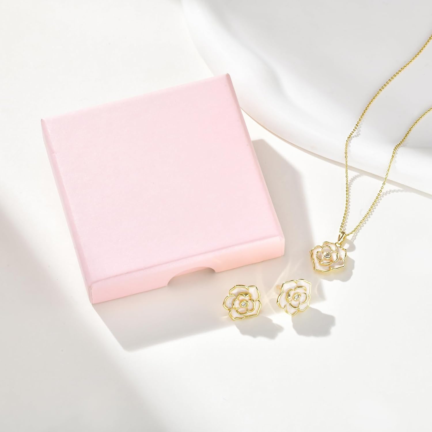Rose Flower Earring Necklace Set - 14k Gold Plated Hypoallergenic Jewelry Sets For Women, Trendy Cubic Zirconia Floral Earring Pendant Necklace Anniversary Birthday Gift for Her