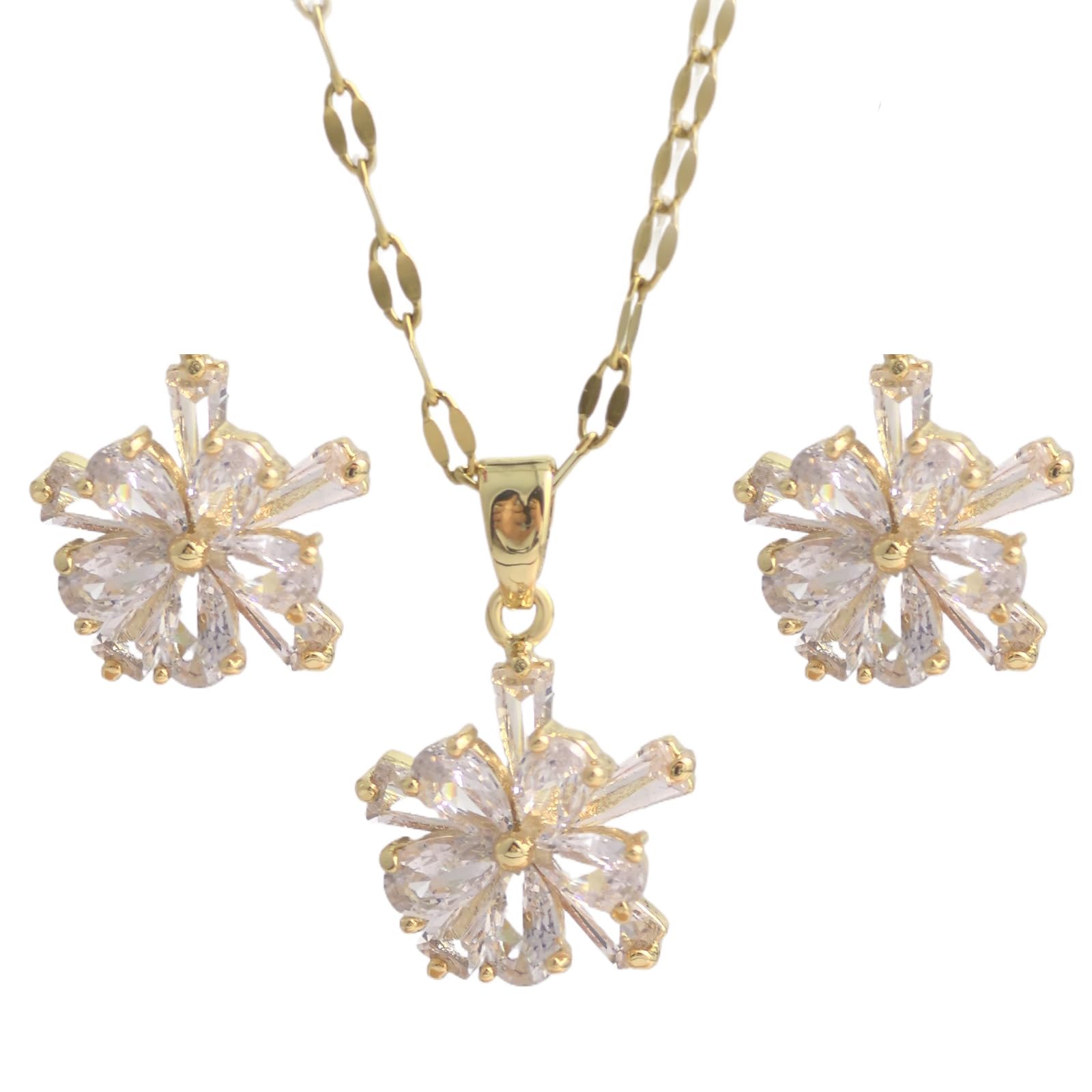 Delicate Zircon Flower Necklace Earrings Jewelry Set - 18K Gold Plated Stainless Steel Lip Chain Choker S925 Silver Needles Stud Earrings for Women, Luxury Accessories Gifts, Packed with Box