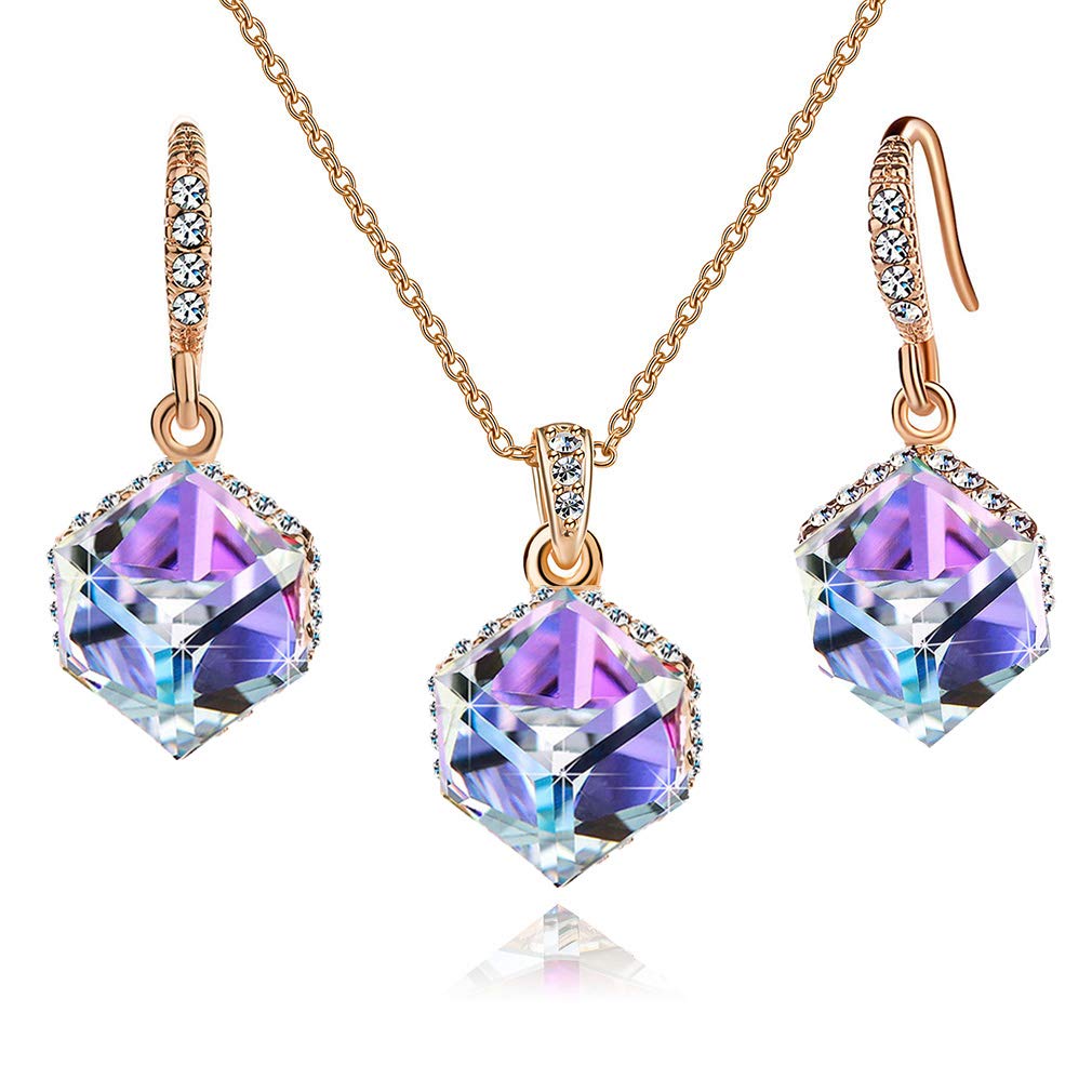 EVEVIC Colorful Cubic Austrian Crystal Pendant Necklace Earrings for Women 14K Gold Plated Hypoallergenic Jewelry Set