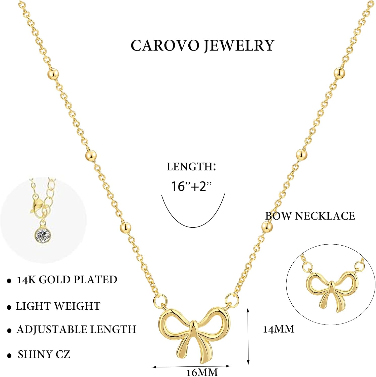 CAROVO Gold Necklace for Women Bow Necklace 14K Dainty Layered Gold Necklace Cute Small Cubic Zirconia Bow Pendant Choker Chain Necklace Trendy Necklace Jewelry Gift for Women