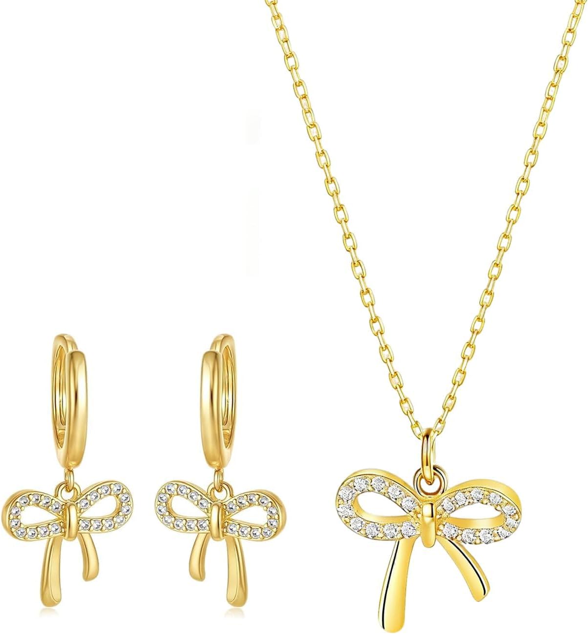 Bow Necklace Earrings for Women 14K Gold Plated Bowknot Choker Dainty Bow Earring Wedding Prom Fashion Jewelry Set Gifts (style - Zirconia bow)