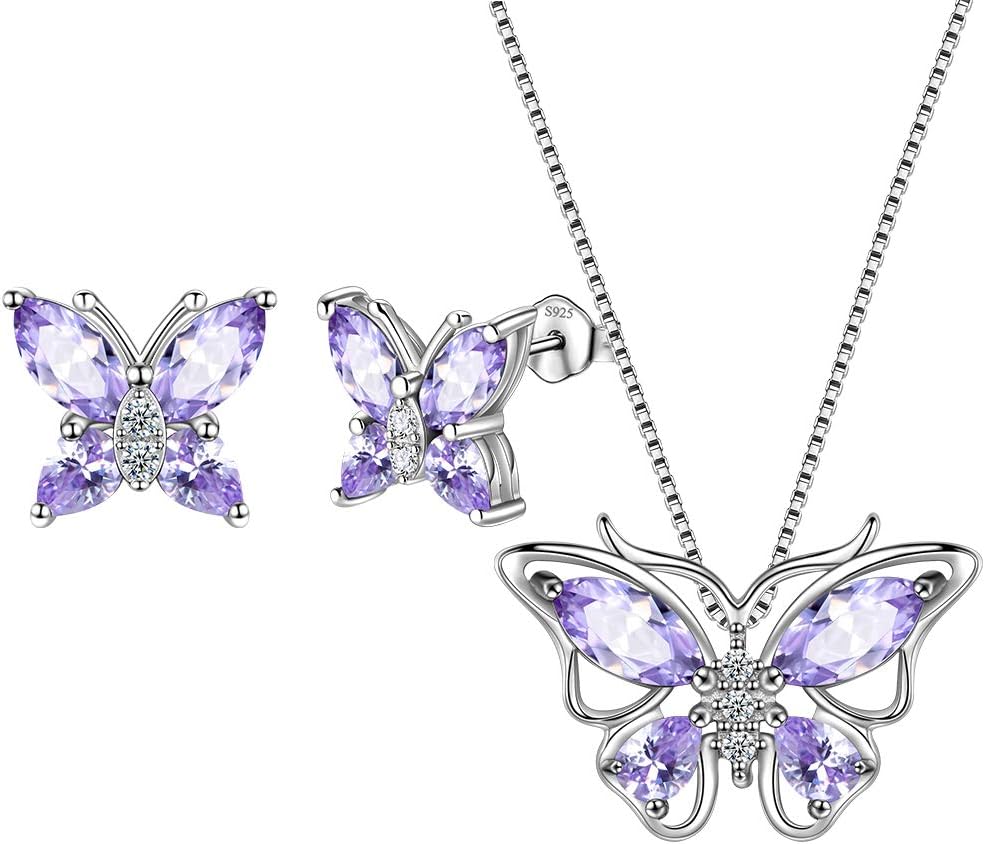 Aurora Tears Butterfly Jewelry,Women 925 Sterling Silver Butterflies Birthstone Pendant Necklace/Earrings/Rings Wedding Gift
