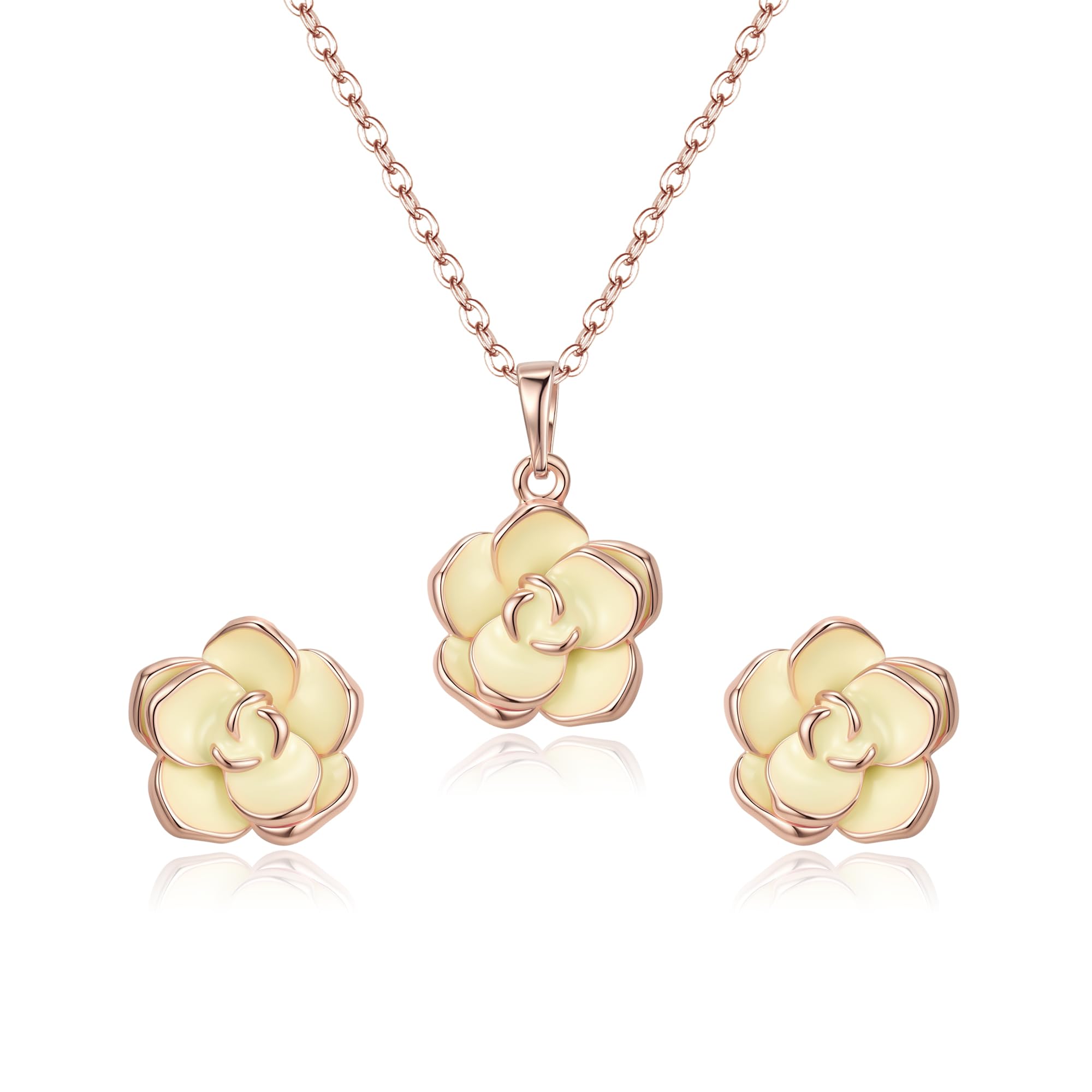 EleQueen Rose Flower Necklace Earrings Bracelet Set 14K Gold Plated Hypoallergenic Jewelry Sets Gift for Women