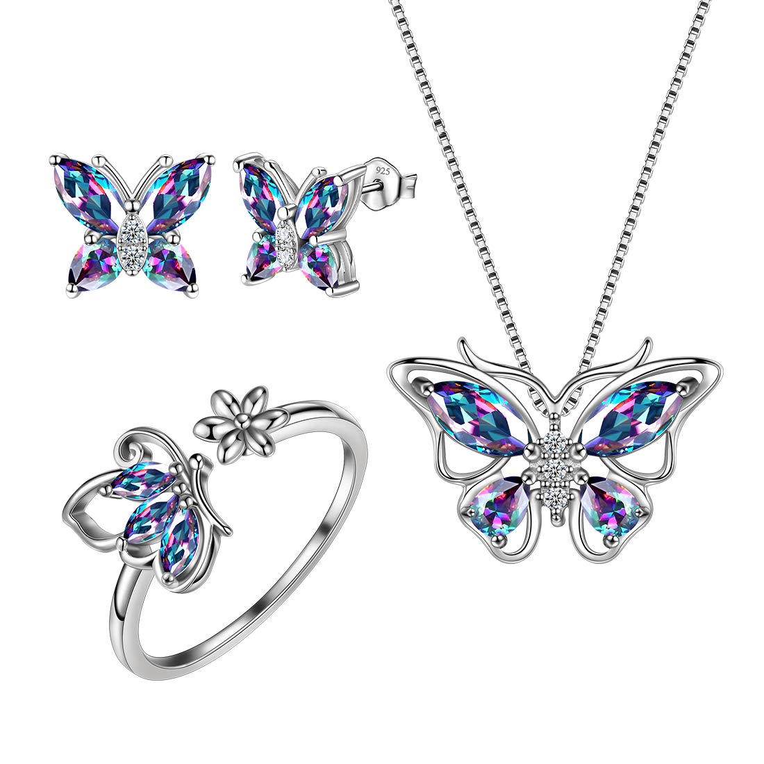 Aurora Tears Butterfly Jewelry,Women 925 Sterling Silver Butterflies Birthstone Pendant Necklace/Earrings/Rings Wedding Gift