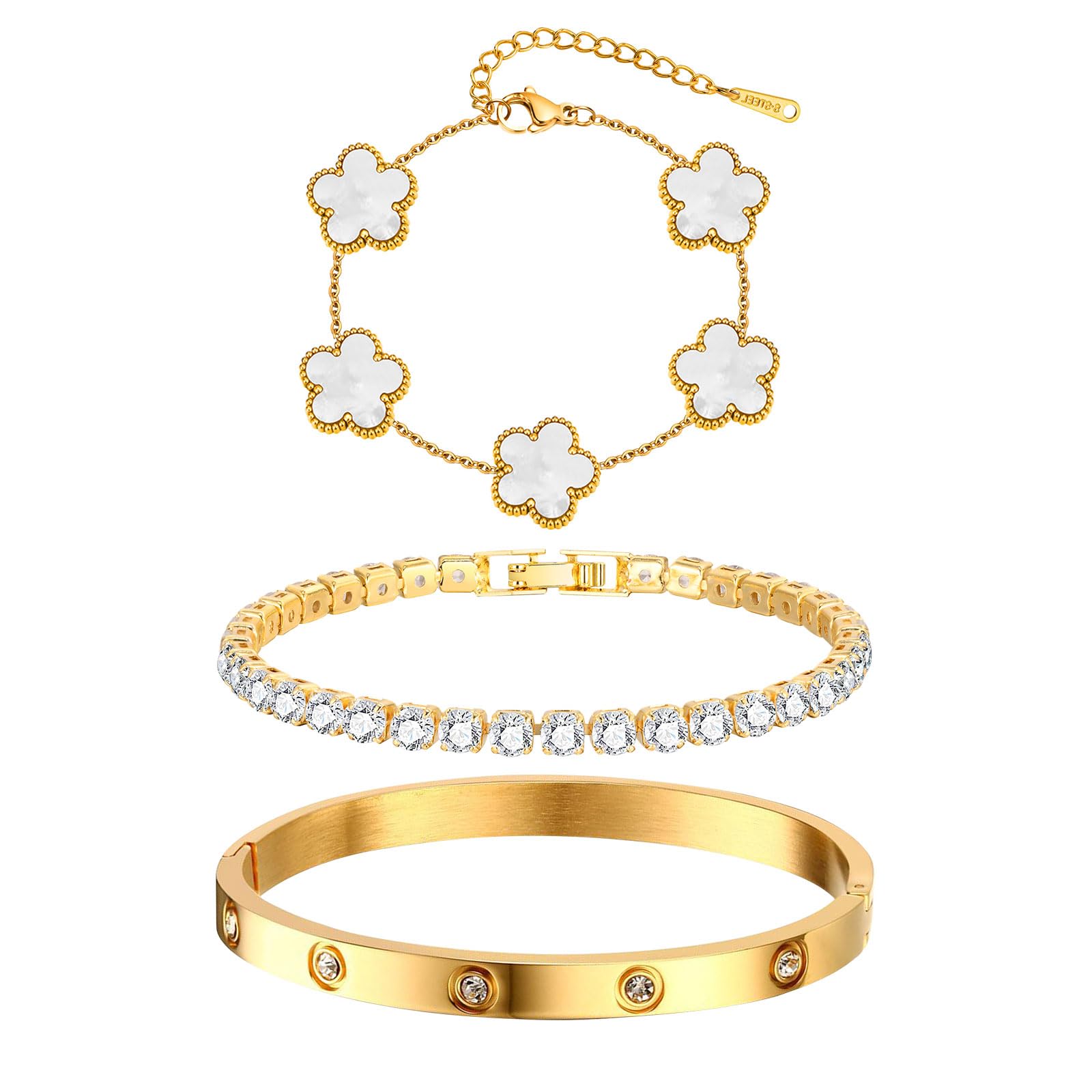 Womens Stackable Floral Gold Bracelets - 3Pcs 18K Gold Plated Bracelet,Stainless Steel Bangle Bracelets Non Tarnish, Gold Bracelet Set Trendy Jewelry,Christmas Valentines Birthday Gifts for Girlfriend