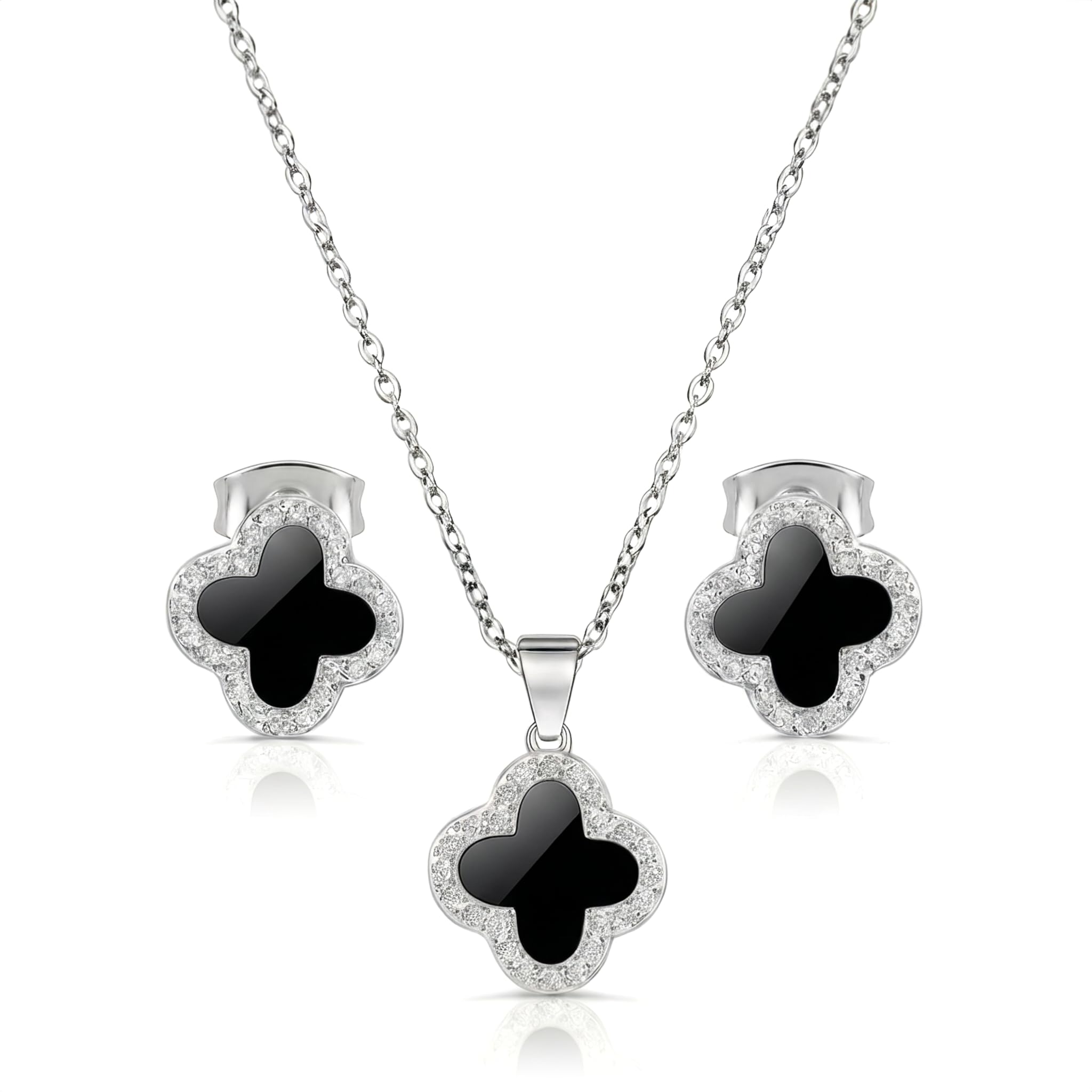 SHINYY Four Leaf Crystal Clover Necklace Earring Set for Women | 18K Gold Plated Cubic Zirconia Bracelet | 4 Leaf Lucky Pendant and Ear Studs | Jewelry Gift for Her