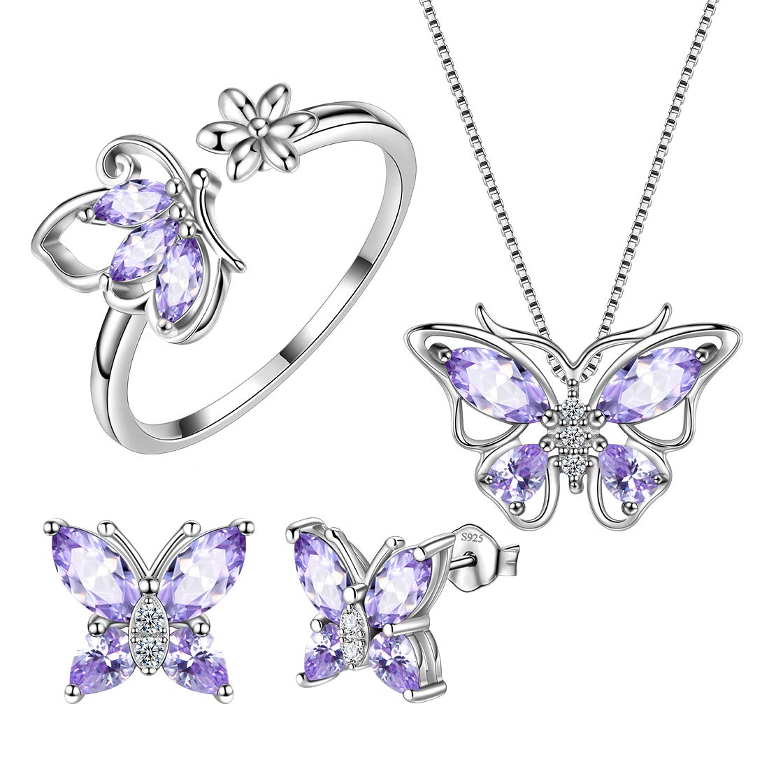 Aurora Tears Butterfly Jewelry,Women 925 Sterling Silver Butterflies Birthstone Pendant Necklace/Earrings/Rings Wedding Gift