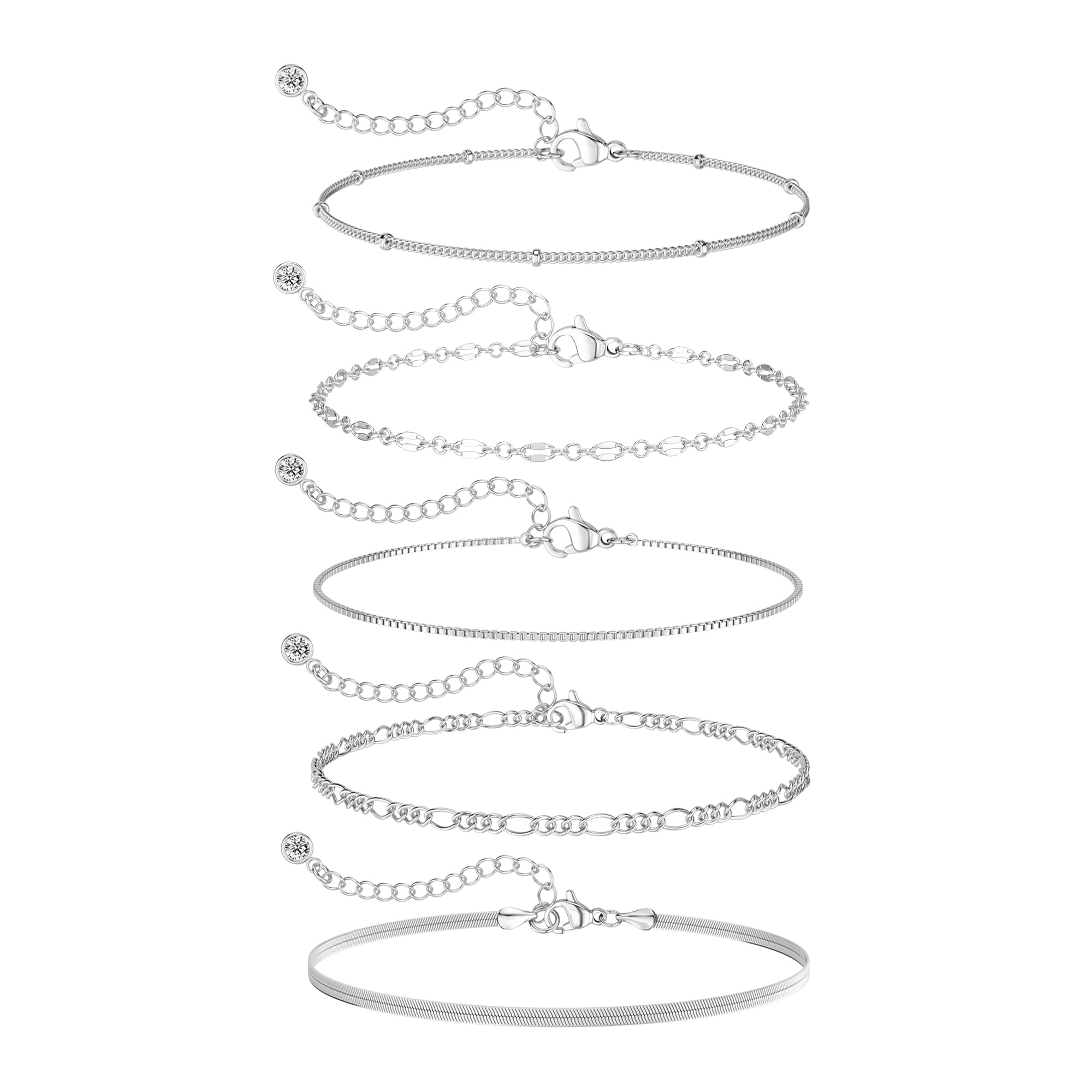 MBW Sterling Silver Bracelets for Women Trendy, Minimalist Simple Dainty S925 Silver Plated Bracelets for Women Stack Waterproof Jewelry Small Thin Bracelet Set for Womens Teen Gift