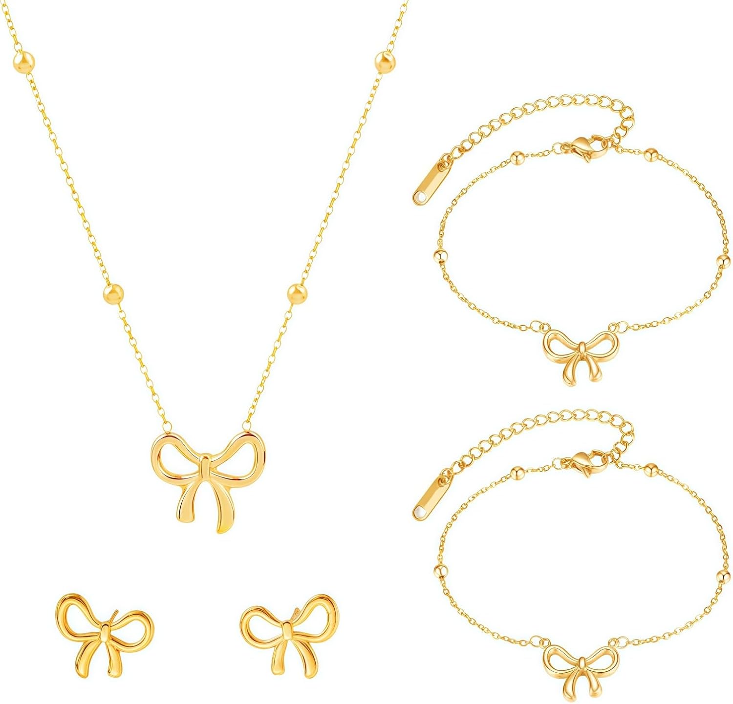 WETMT 4Pcs 14K Gold Plated Bow Necklace Earring Bracelet Anklet Set for Women Cute Dainty Stainless Steel Chain Bow Pendent Choker Necklace Set Stuff Personalized Jewelry Gift