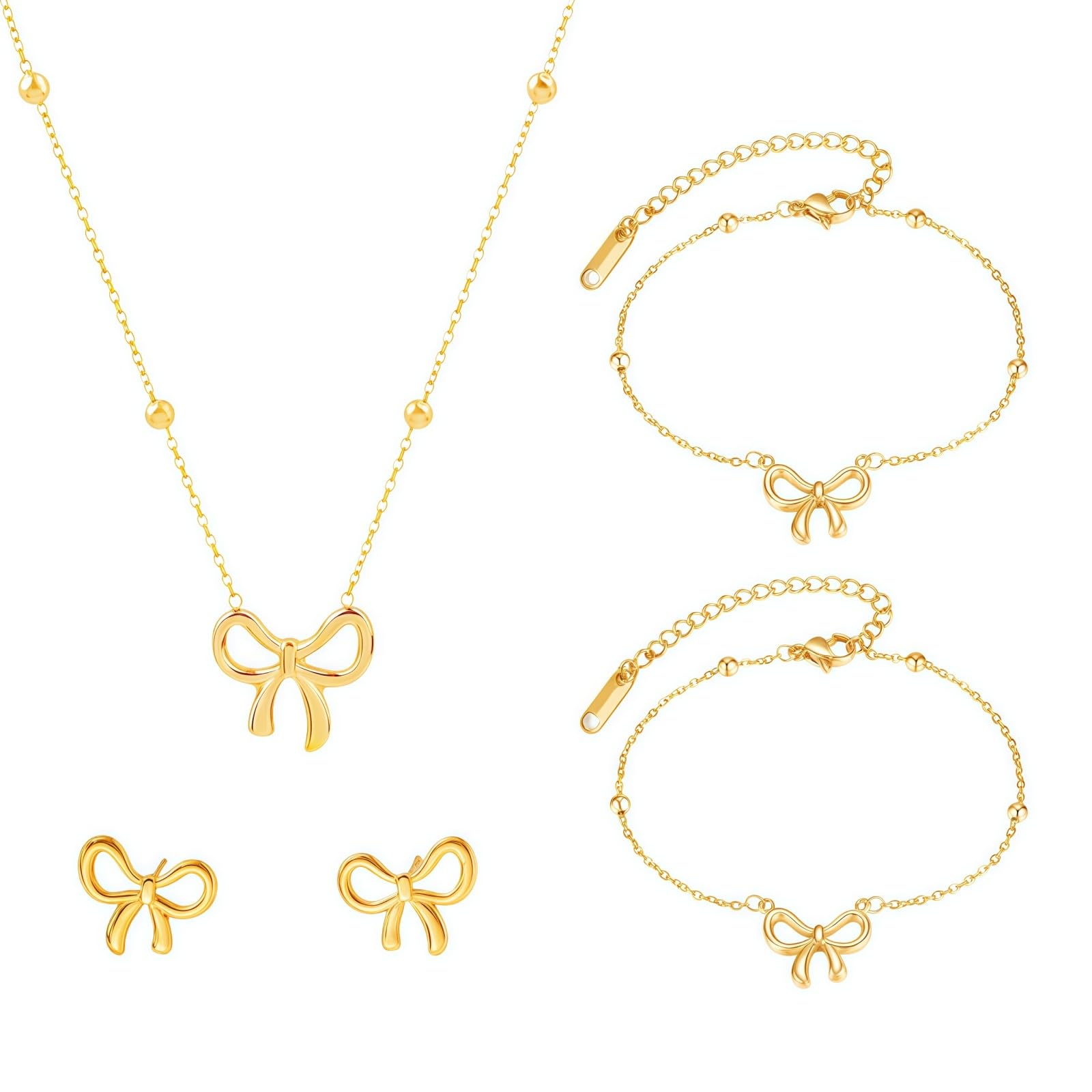 WETMT 4Pcs 14K Gold Plated Bow Necklace Earring Bracelet Anklet Set for Women Cute Dainty Stainless Steel Chain Bow Pendent Choker Necklace Set Stuff Personalized Jewelry Gift
