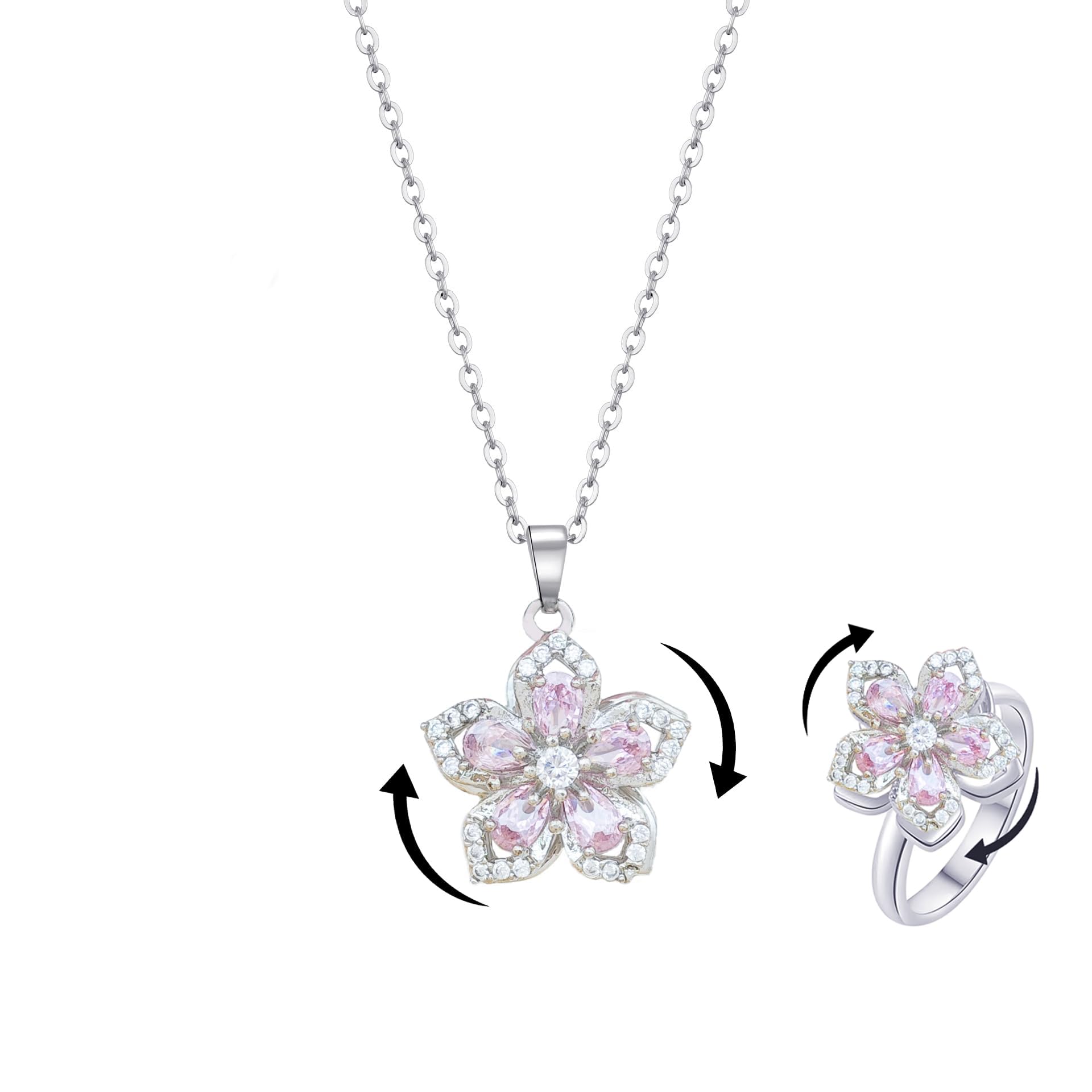 Necklace for Women Gold Flower Fidget Necklace Rotatable Crystal Silver Blossom Pendant Necklaces Adjustable Spinning Fidget Necklaces Redbud Flower Choker Funny Gift Jewelry