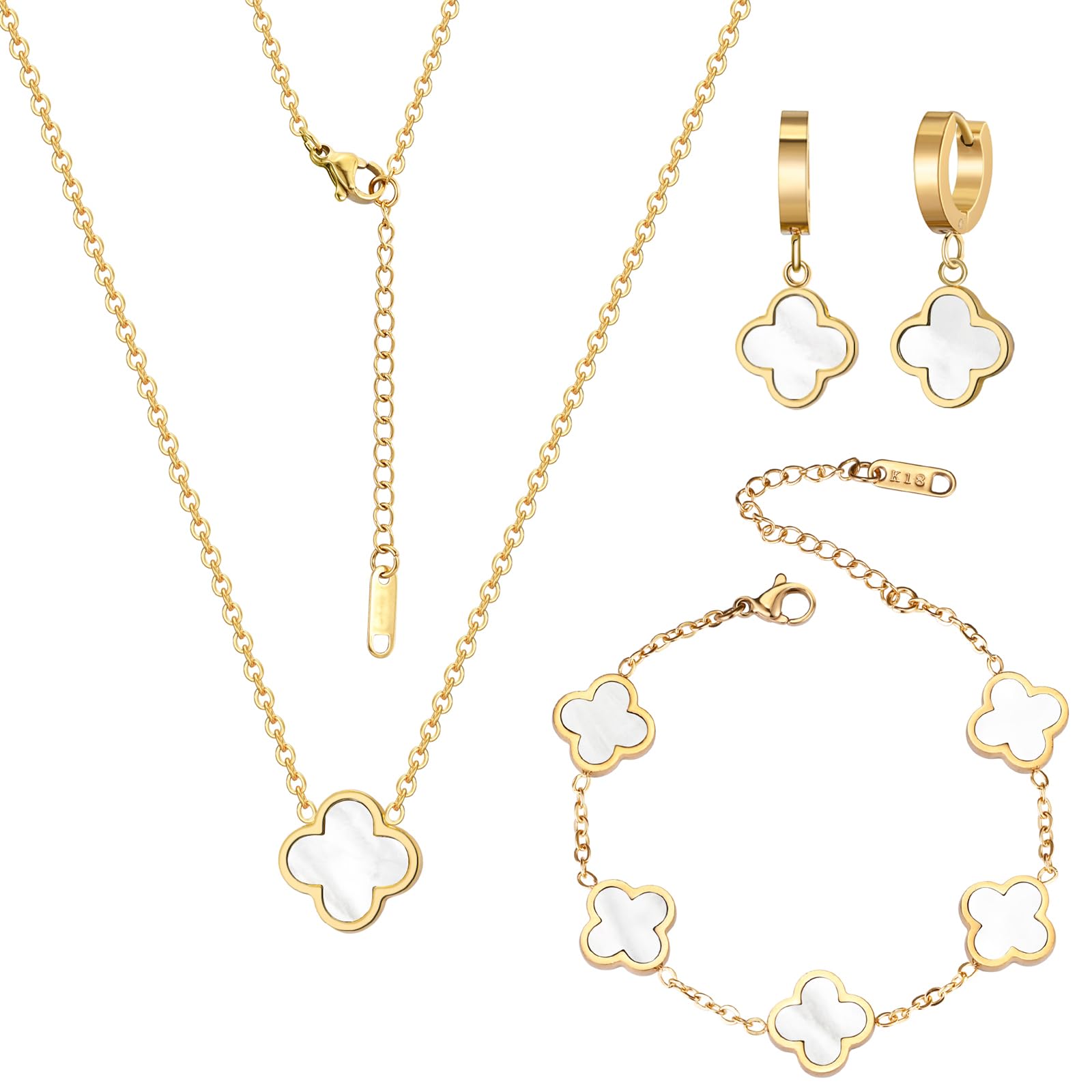 18K Gold Plated Lucky Clover Jewelry Set Black White and Red Four Leaf Clove Bracelet Necklace and Earrings Fashion Birthday Gifts for Women