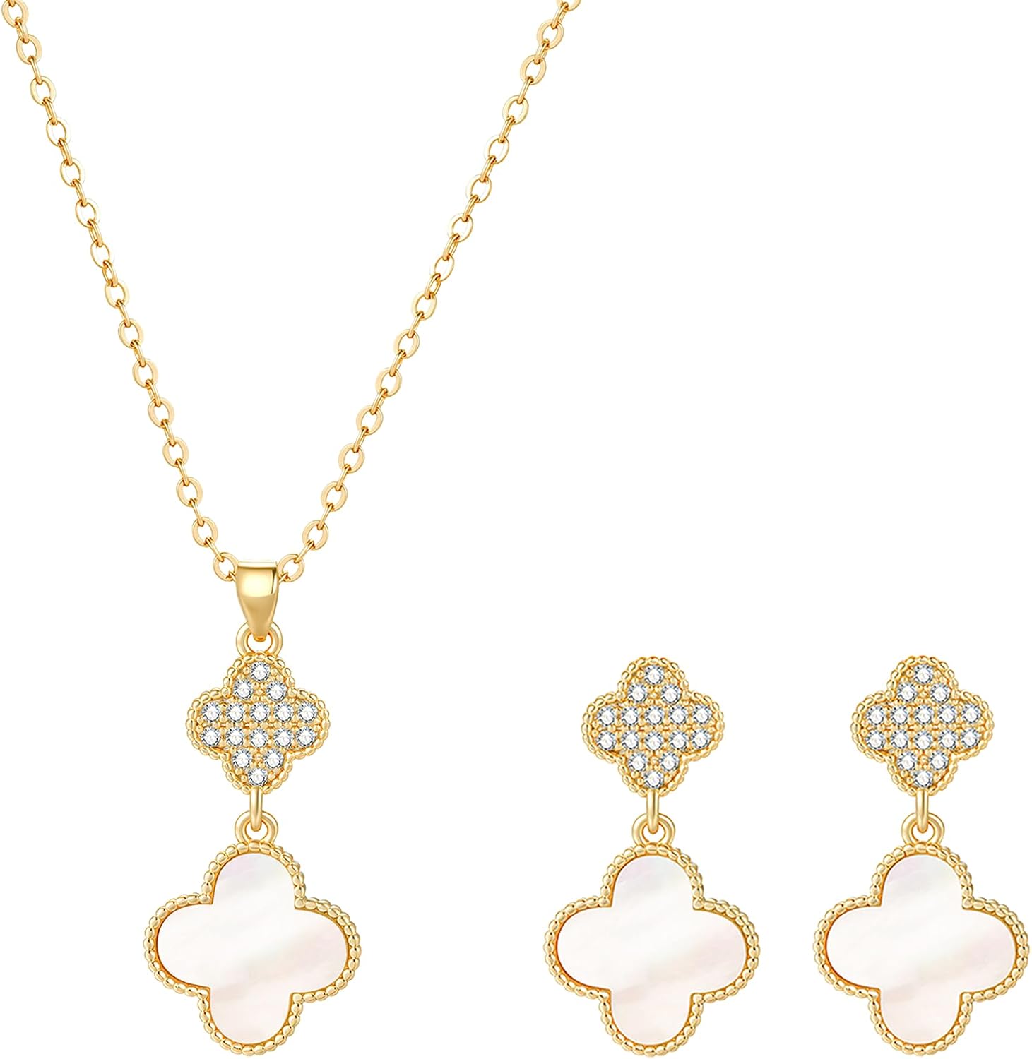 COBI Four Leaf Clover Necklace and Stud Earrings Jewelry Set White Black Green, 18k Gold Plated Clover Earrings Pendant Necklace, Clover Jewelry Set Gifts for Women