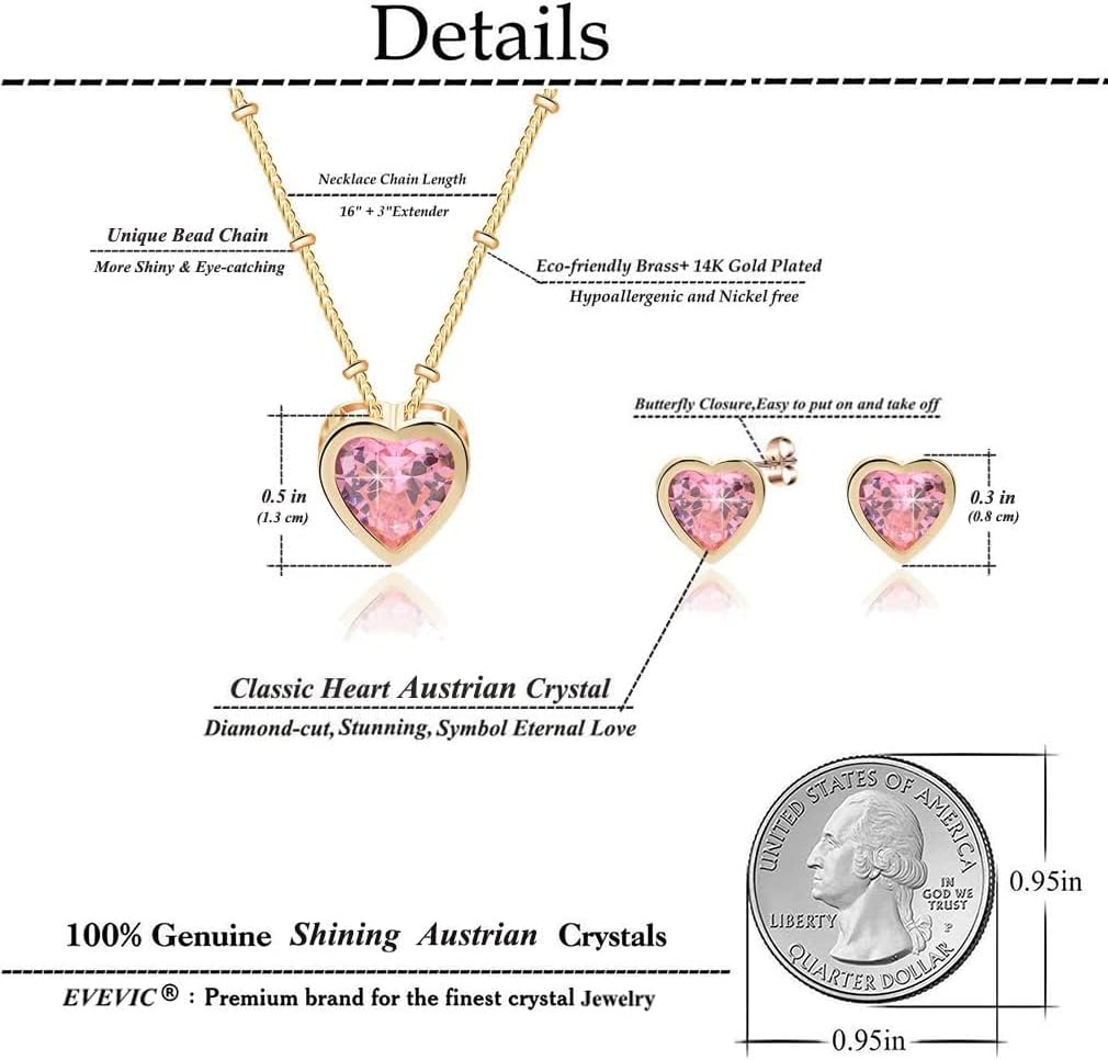 EVEVIC Austrian Crystal Heart Pendant Necklace Earrings for Women 14K Gold Plated Hypoallergenic Jewelry Set