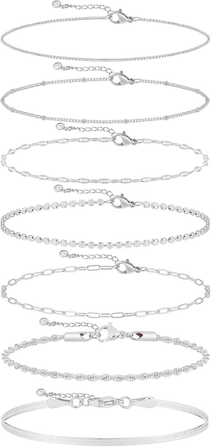 Kyerlyn Silver Bracelets for Women Trendy Waterproof Silver Dainty Bracelet Stack Adjustable Layered Bracelet Set Minimalist Fashion Jewelry
