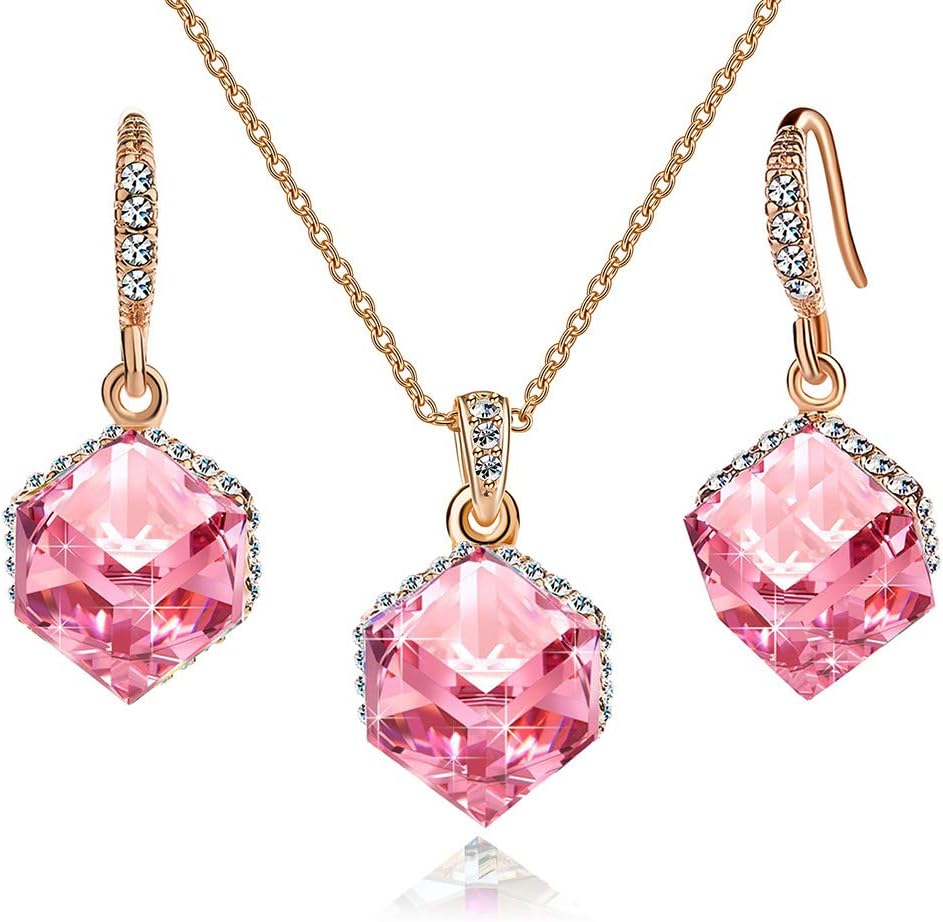 EVEVIC Colorful Cubic Austrian Crystal Pendant Necklace Earrings for Women 14K Gold Plated Hypoallergenic Jewelry Set
