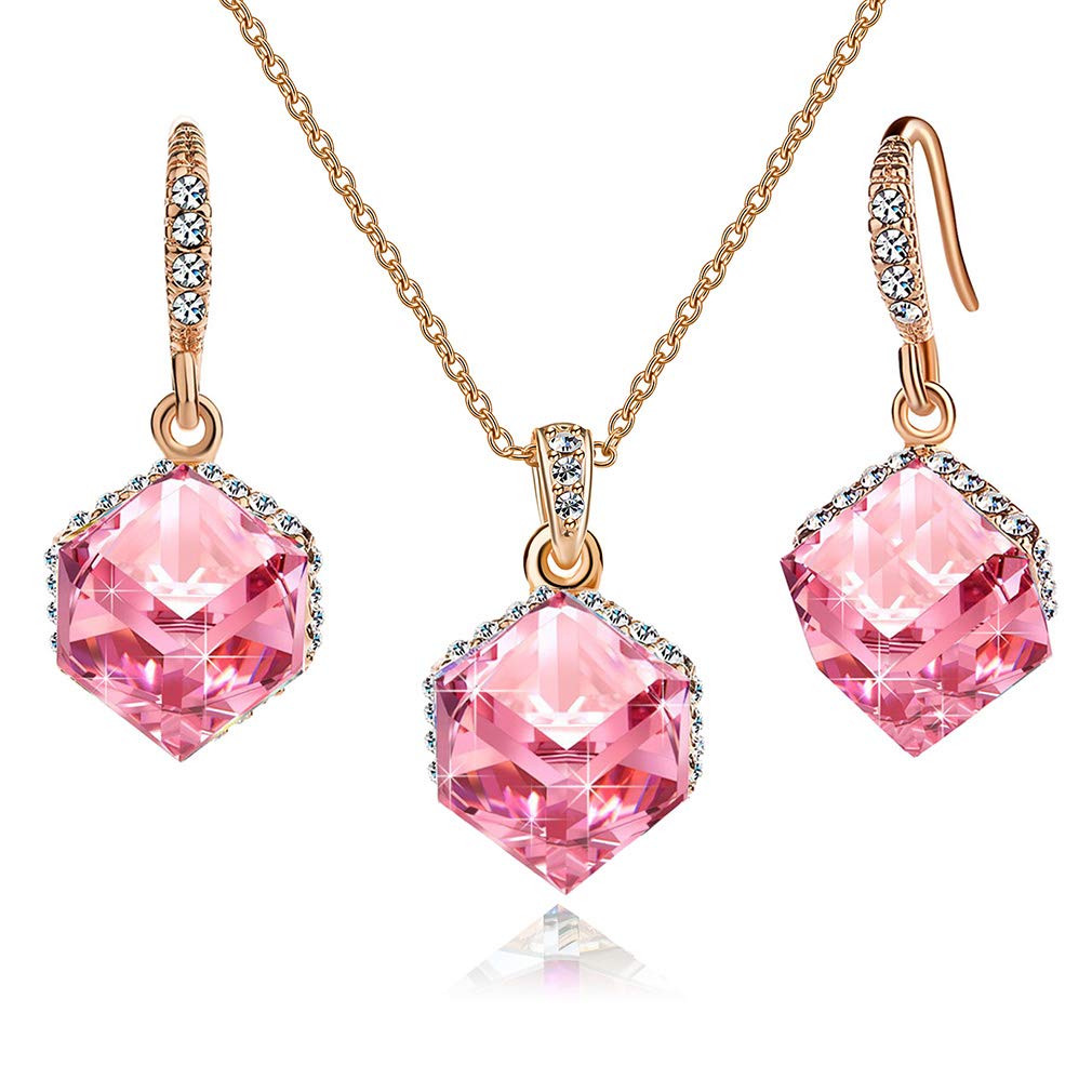 EVEVIC Colorful Cubic Austrian Crystal Pendant Necklace Earrings for Women 14K Gold Plated Hypoallergenic Jewelry Set