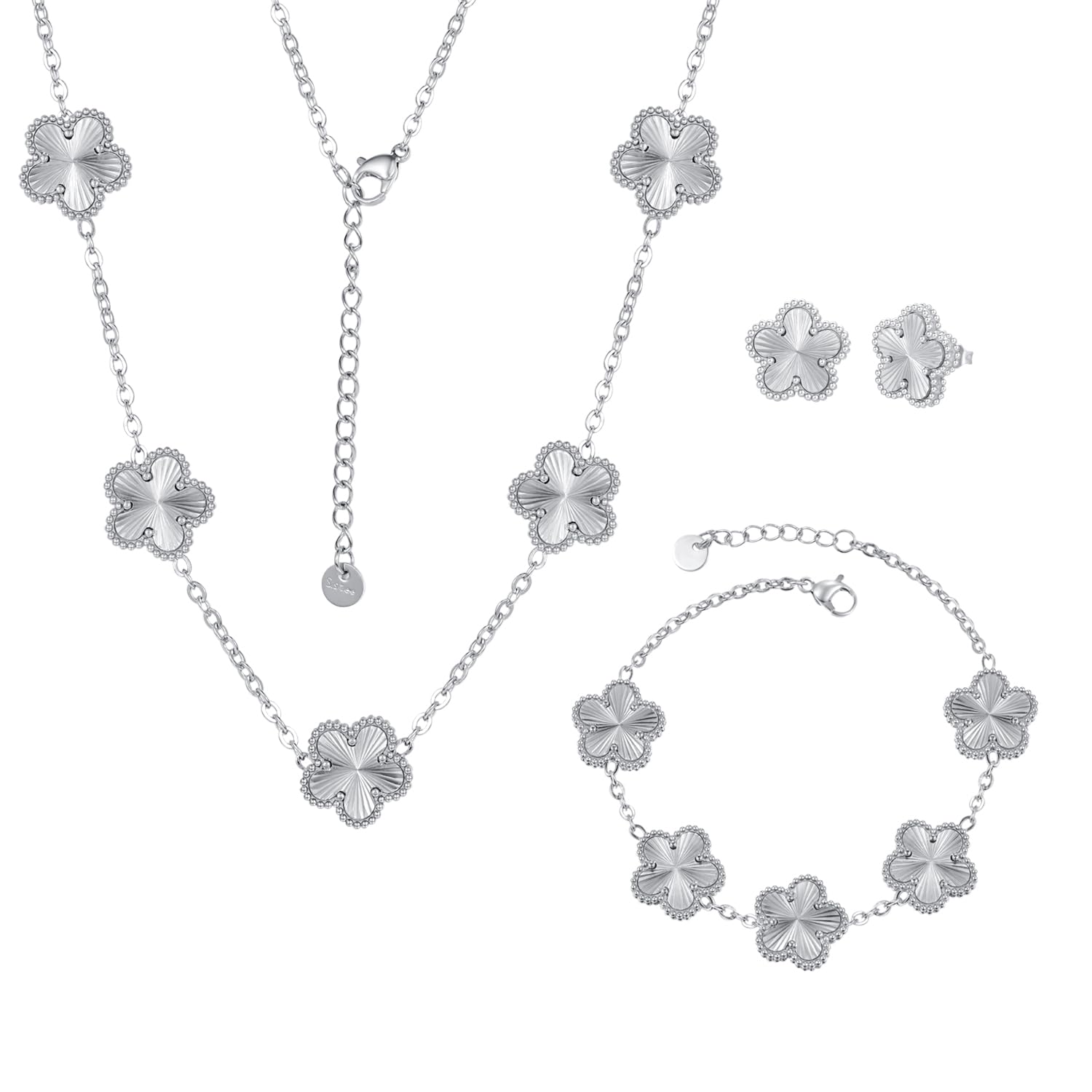 Clover Neckalce Bracelet Earring Set for Women 14K Gold Plated Stainless Steel Four Leaf Clover Jewelry Set