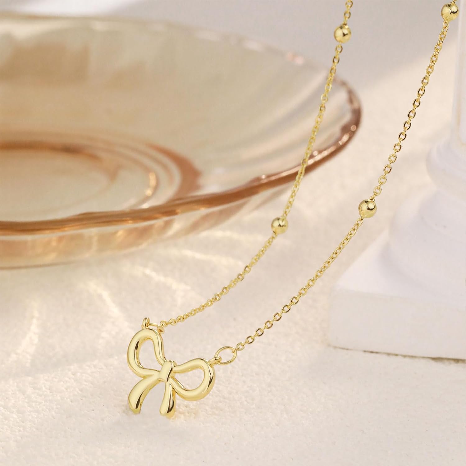 CAROVO Gold Necklace for Women Bow Necklace 14K Dainty Layered Gold Necklace Cute Small Cubic Zirconia Bow Pendant Choker Chain Necklace Trendy Necklace Jewelry Gift for Women