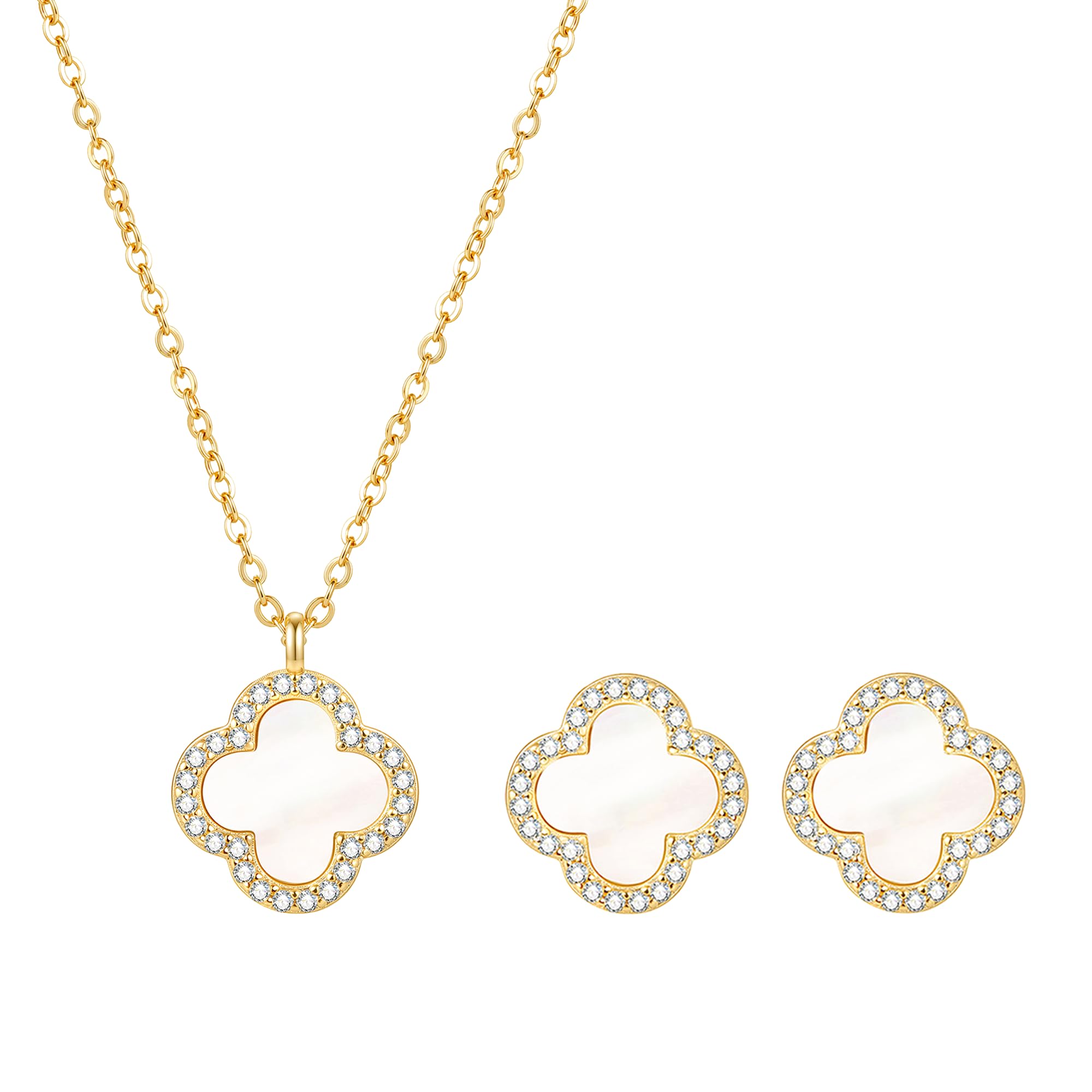 COBI Four Leaf Clover Necklace and Stud Earrings Jewelry Set White Black Green, 18k Gold Plated Clover Earrings Pendant Necklace, Clover Jewelry Set Gifts for Women