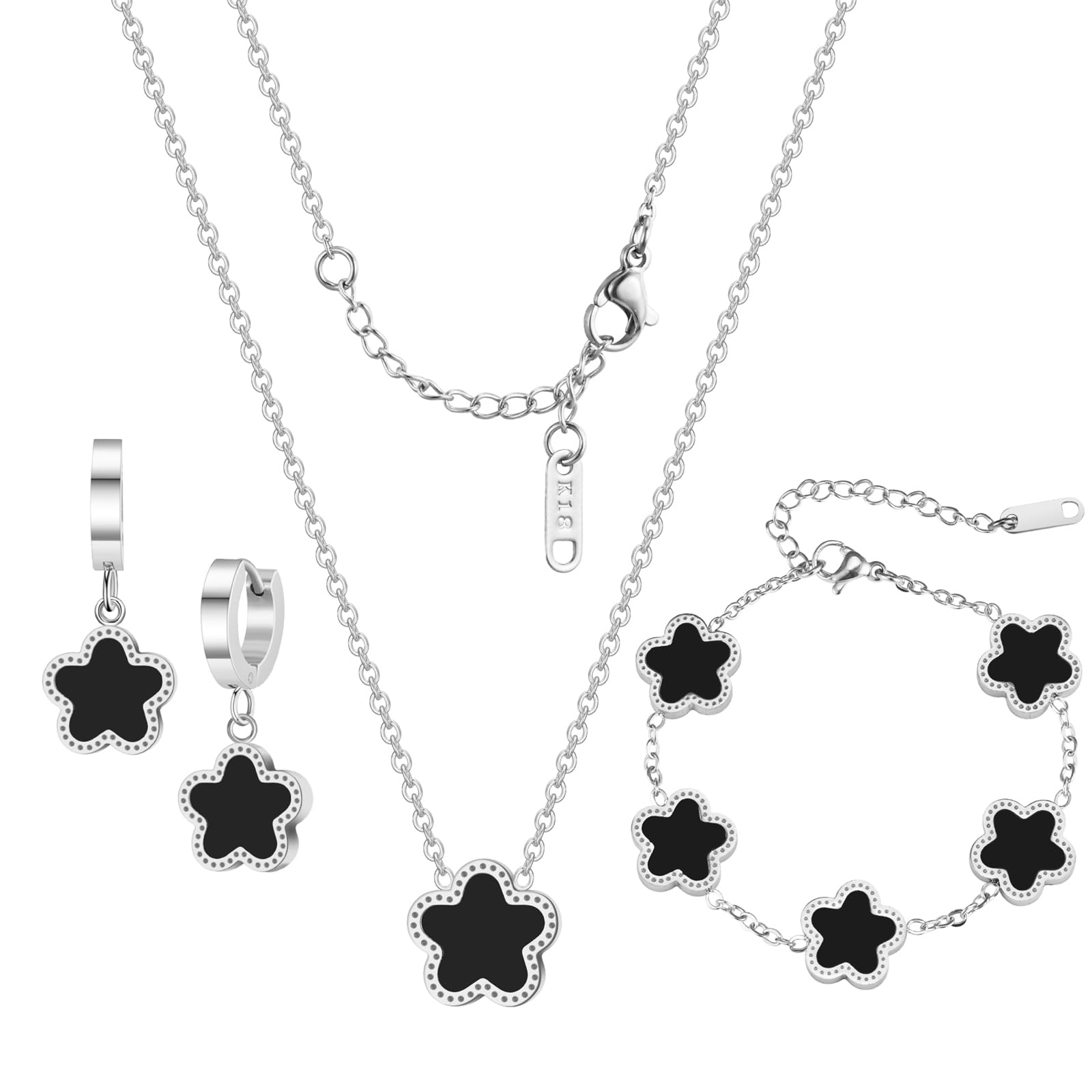 Lucky Clover Jewelry Set 18K Gold Plated Five Leaf Clover Necklace Bracelet Earrings Set Flower Jewelry Sets Birthday Gifts for Women
