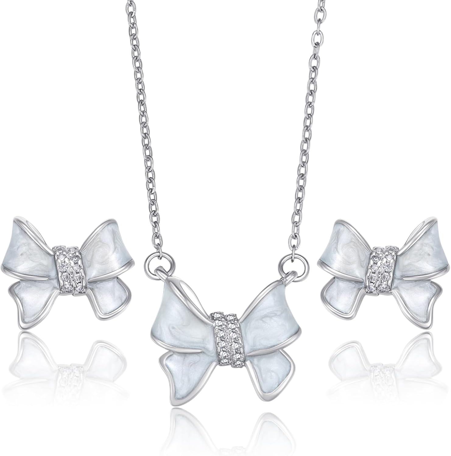 Silver Bow Earrings and Necklace Set for Women Elegant White Gold CZ Necklace & Stud Earrings Set with Clear Resin Drip, Dainty Matching Lovely Jewelry Gift for Her Mother (Birthday, Anniversary, Graduation, Christmas)